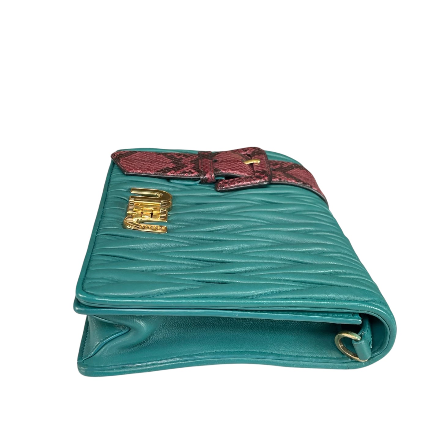 Miu Miu Delice Teal Matelasse Python Embossed Nappa Leather GHW Crossbody Flap Purse