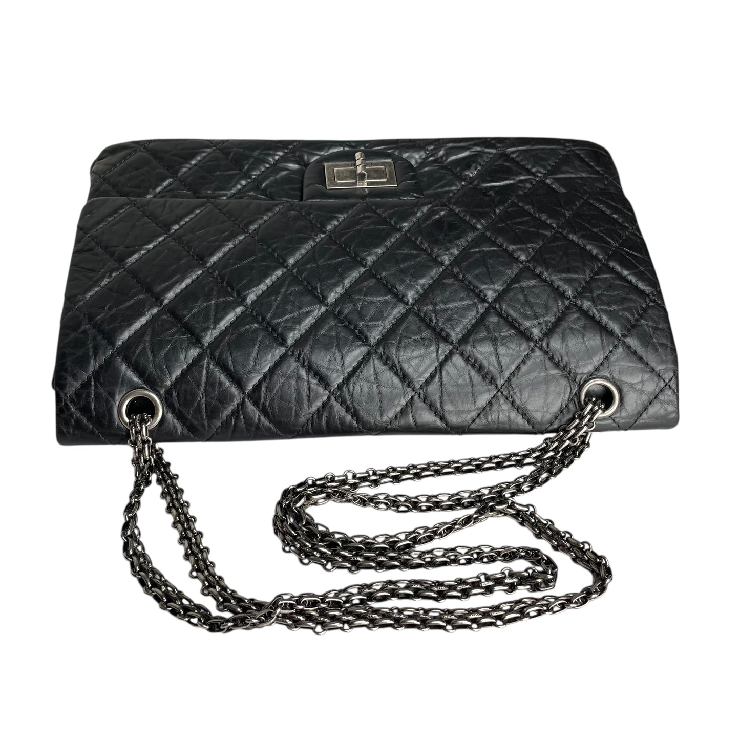 Chanel CC 255 Re-Issue Large Black Aged Calf Gunmetal Hardware Double Flap Purse