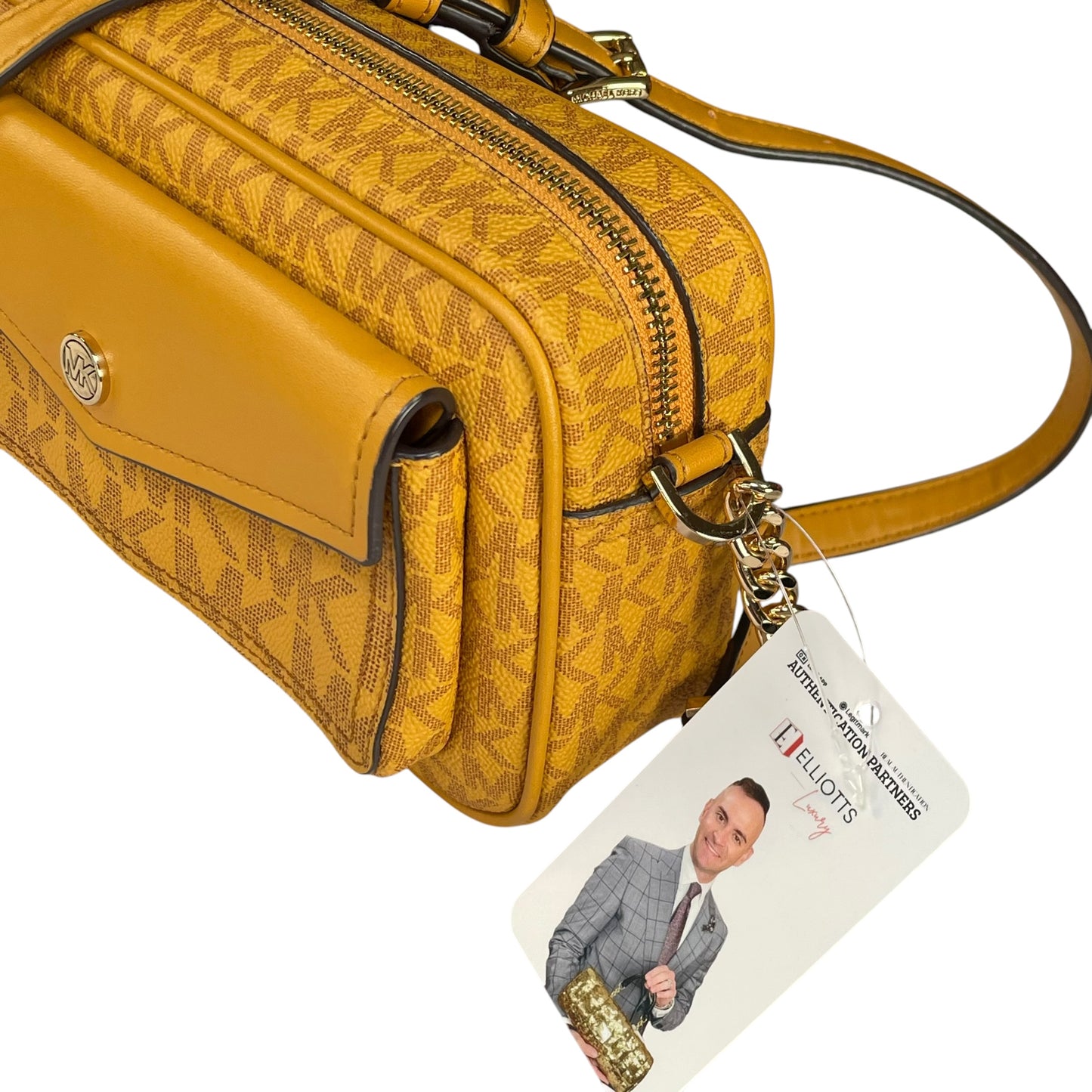Micheal Kors Mustard GHW Jet Set Leather Canvas Crossbody