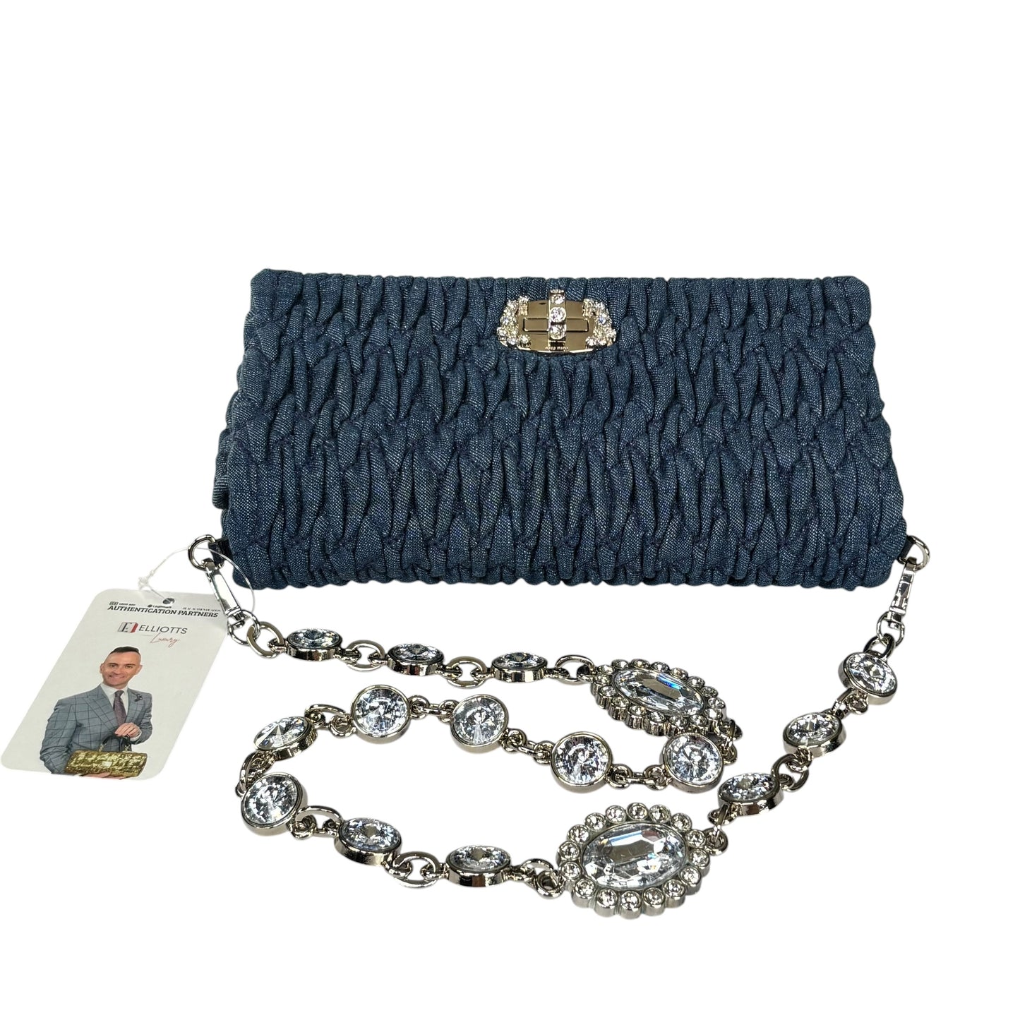 Miu Miu Crystal SHW Encrusted Denim 2-Way Crossbody Flap Turn-Lock Purse