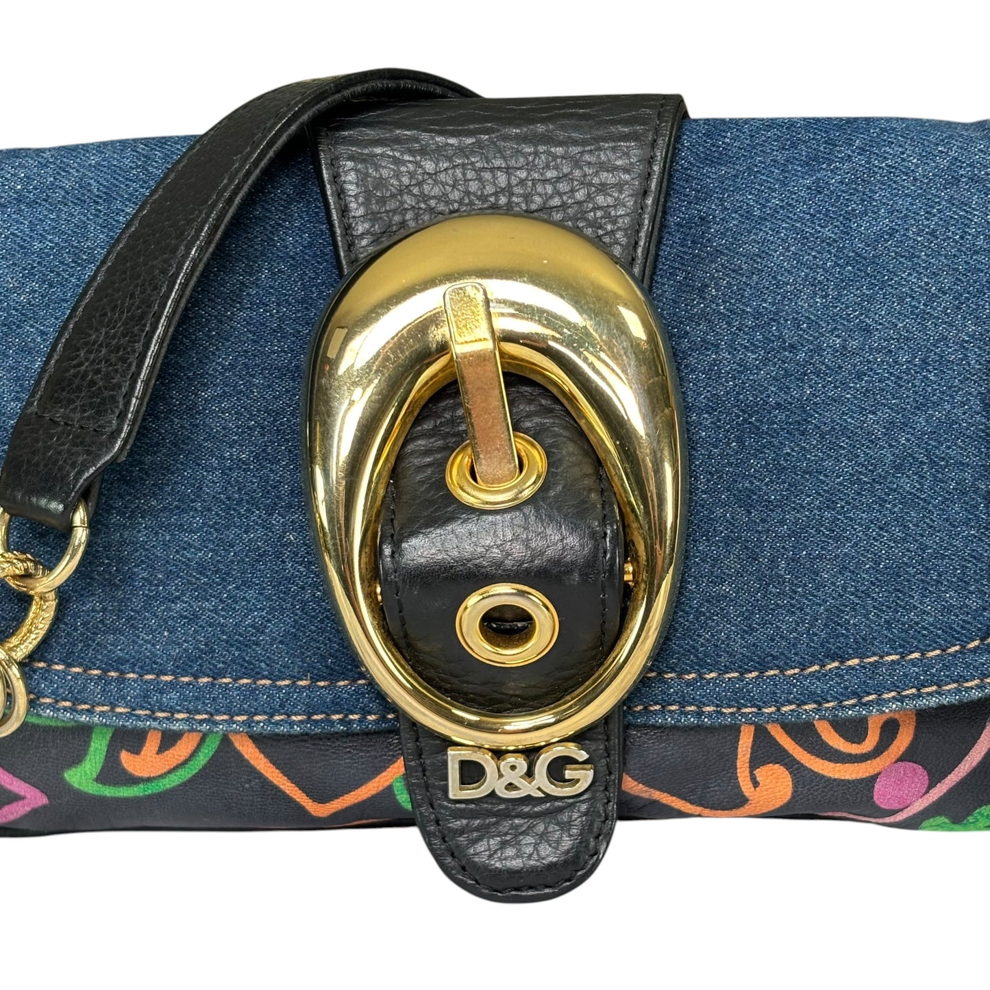 Dolce & Gabbana D & G Y2K Denim Buckle Baguette Floral Limited Leather Chain Purse