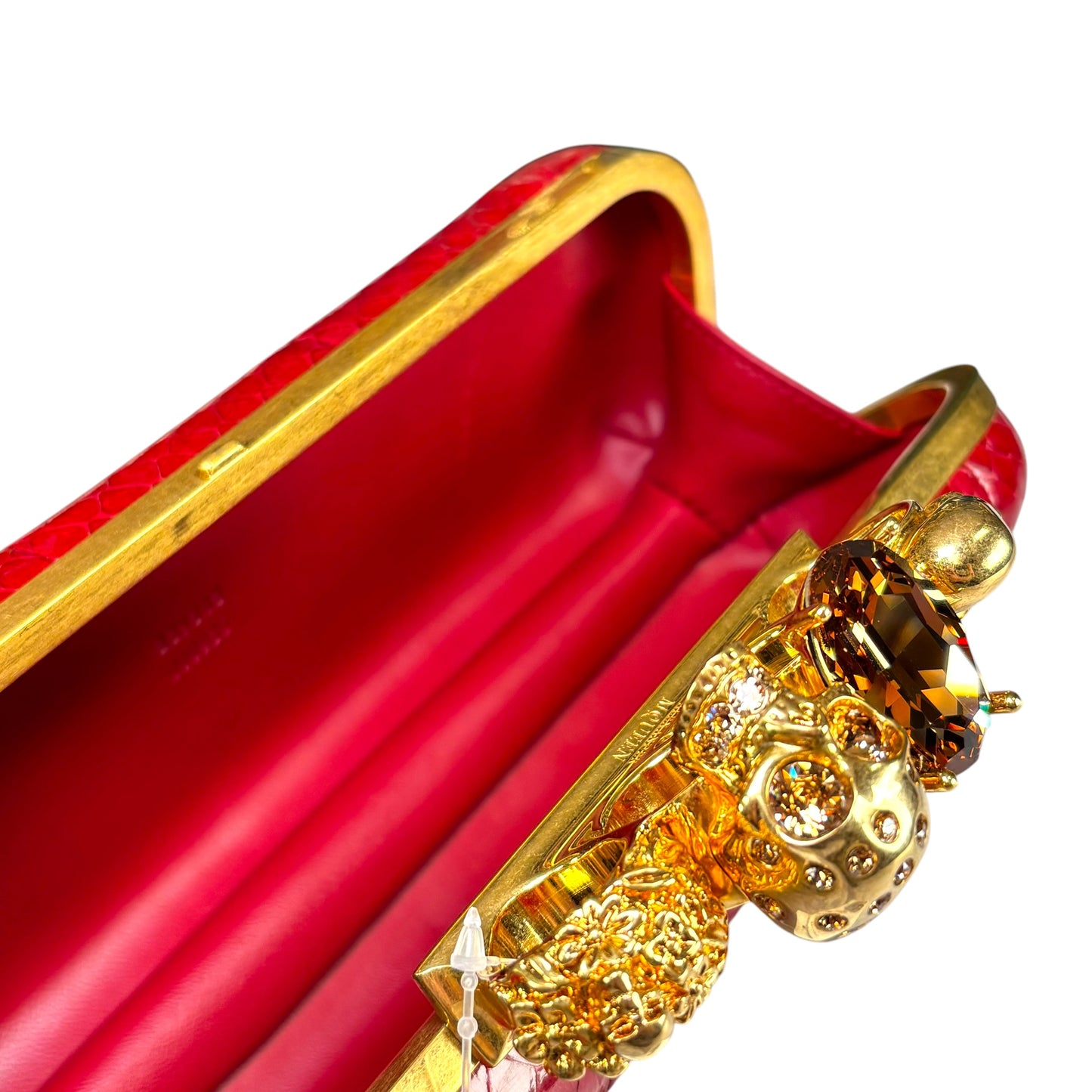 Alexander McQueen Ruby Red Embossed Leather Knuckle Clutch – Gold Rhinestone Skull Hardware