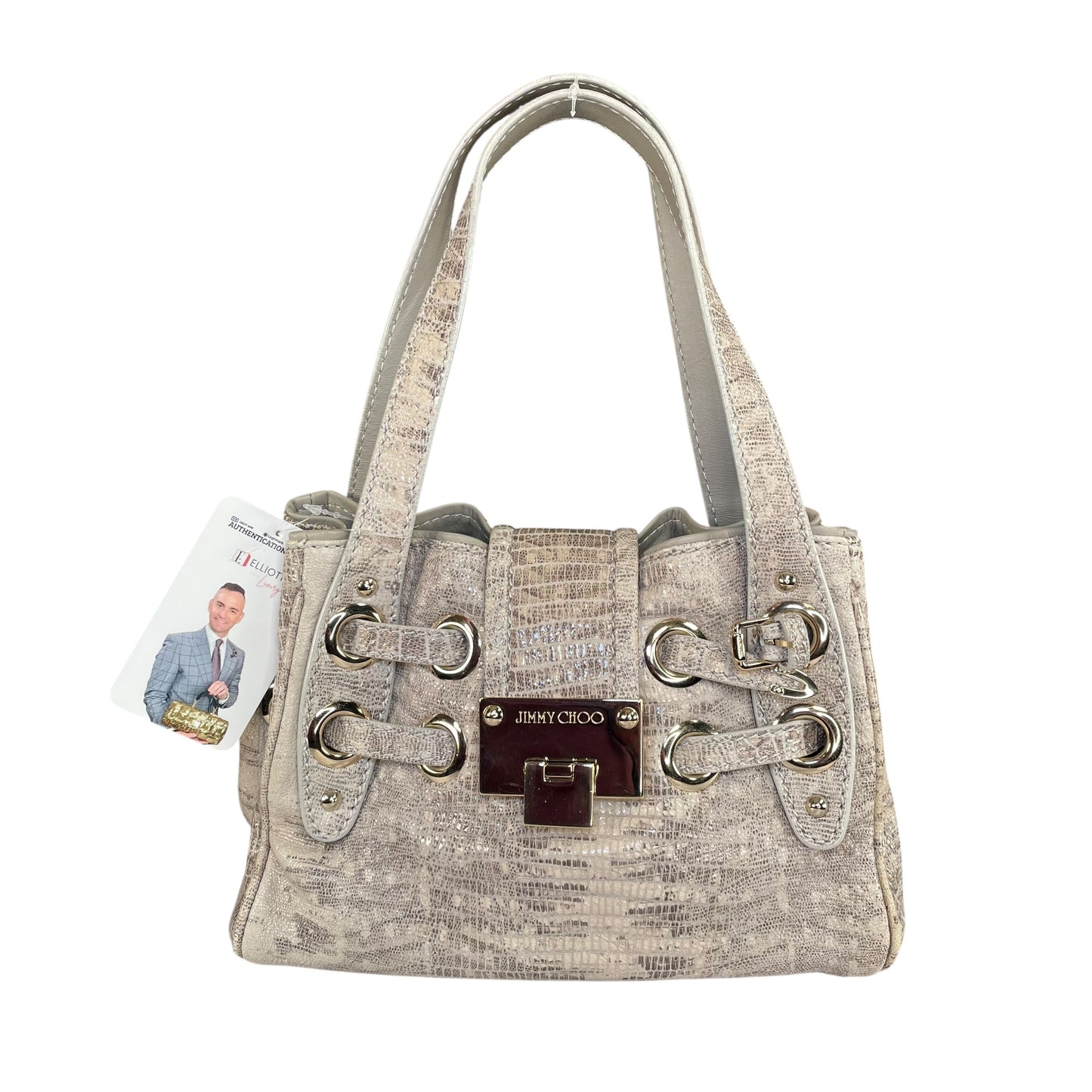 Jimmy Choo Ramona Lizard Embossed Leather Bag Creme / Gold HW Shoulder Purse