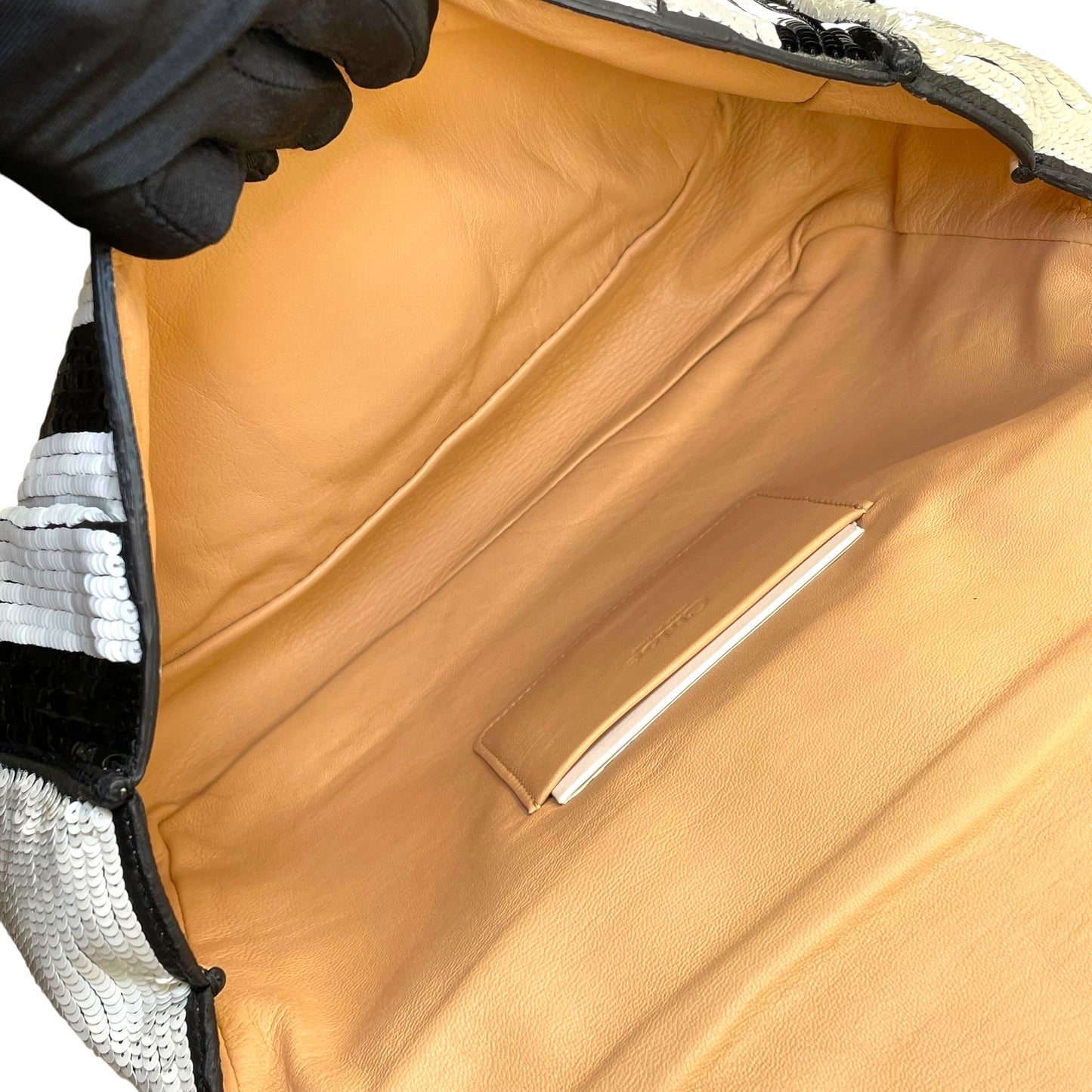 Chloe Elsie Medium Sequin Leather Stripe Black White GHW Rope Strap Shoulder Bag