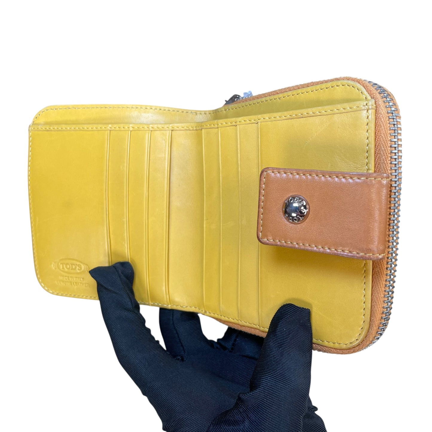 TOD’s Italian Leather Brown / Yellow SHW Snap Tab Zip Around Compact Wallet