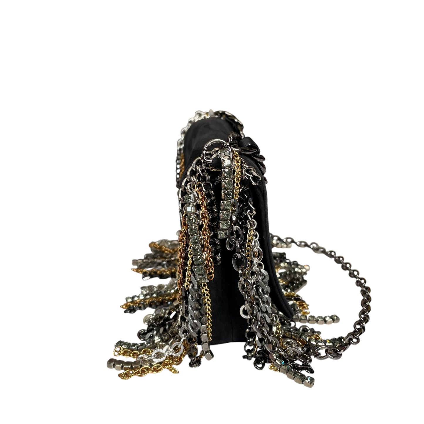 Jimmy Choo  Mini Black Suede Mixed Chain Rhinestone Fringe Hardware 2-Way Clutch Shoulder Purse