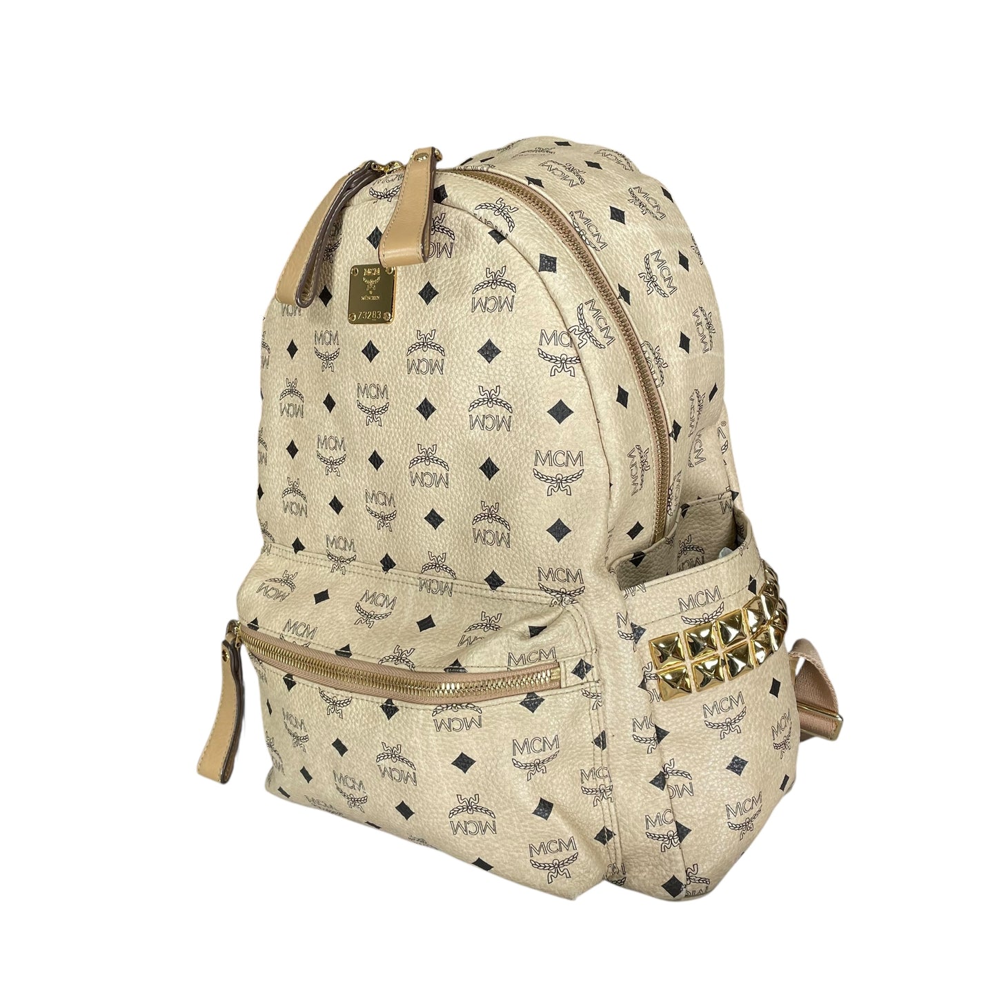 MCM Viestos GHW Studded Creme Pebbled Canvas 15" Laptop Bag Backpack