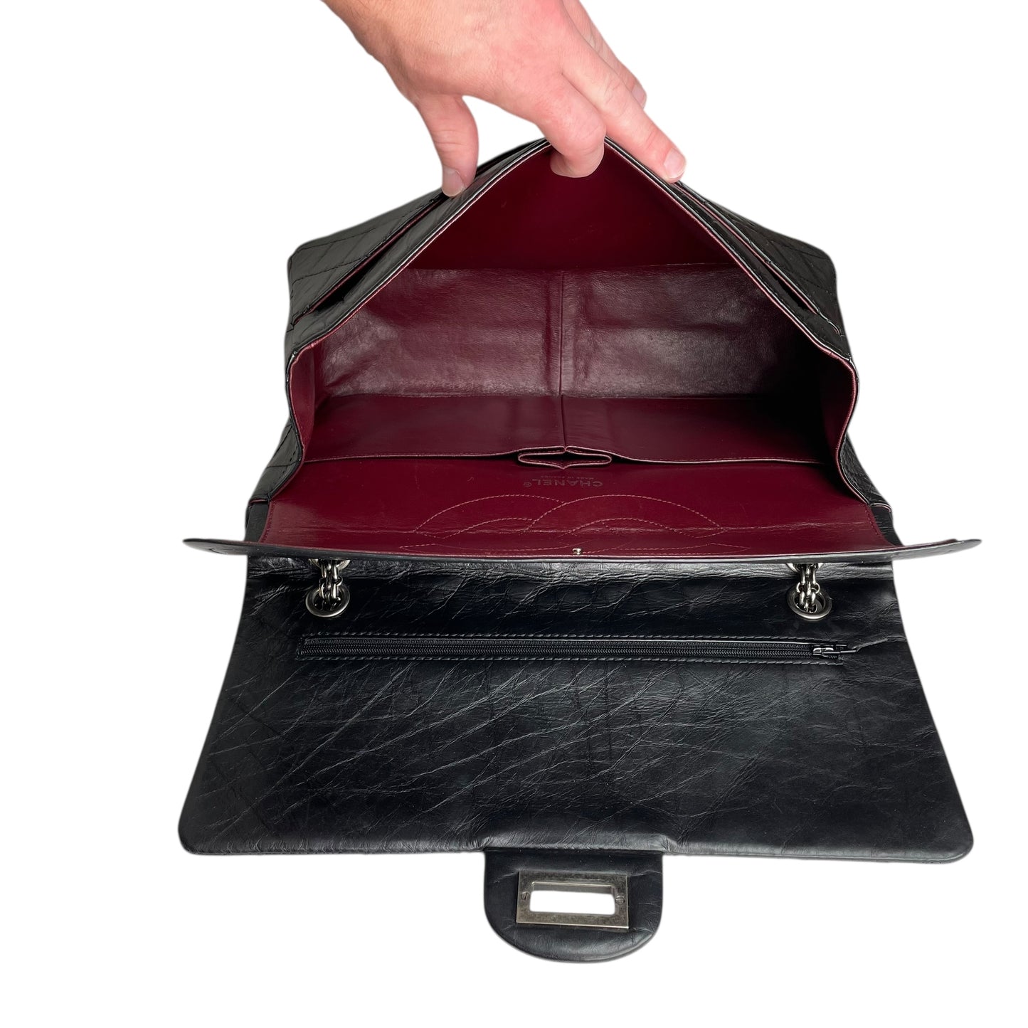 Chanel CC 255 Re-Issue Large Black Aged Calf Gunmetal Hardware Double Flap Purse
