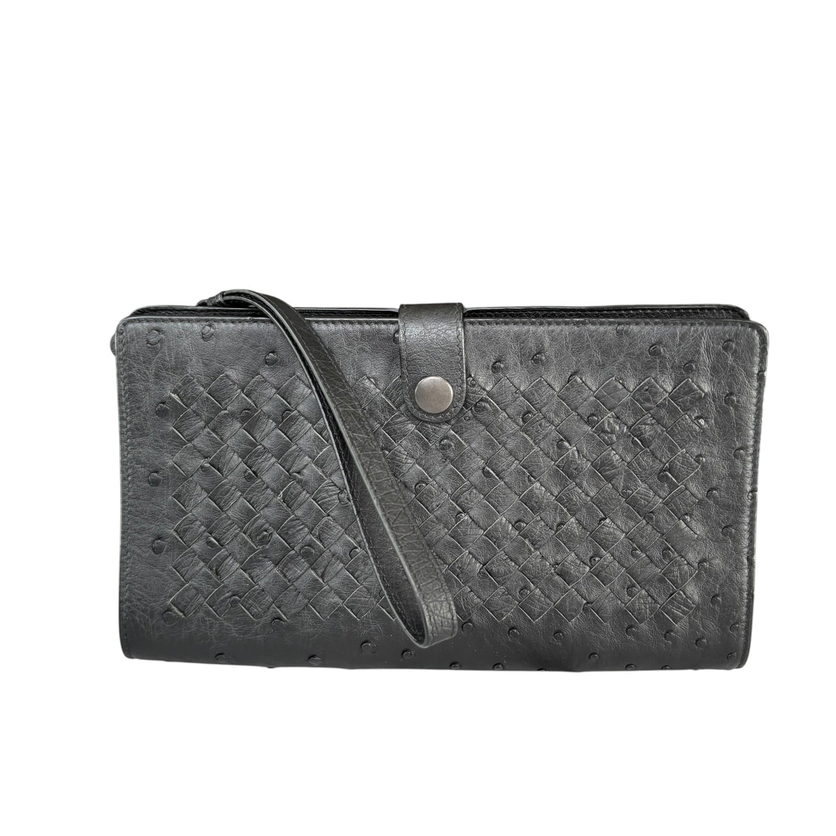 Bottega Veneta Ostrich Black Leather Organizer Snap Clutch Zip