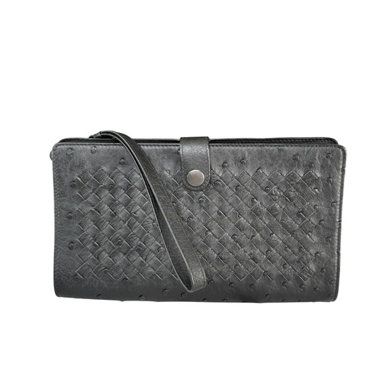 Bottega Veneta Ostrich Black Leather Organizer Snap Clutch Zip