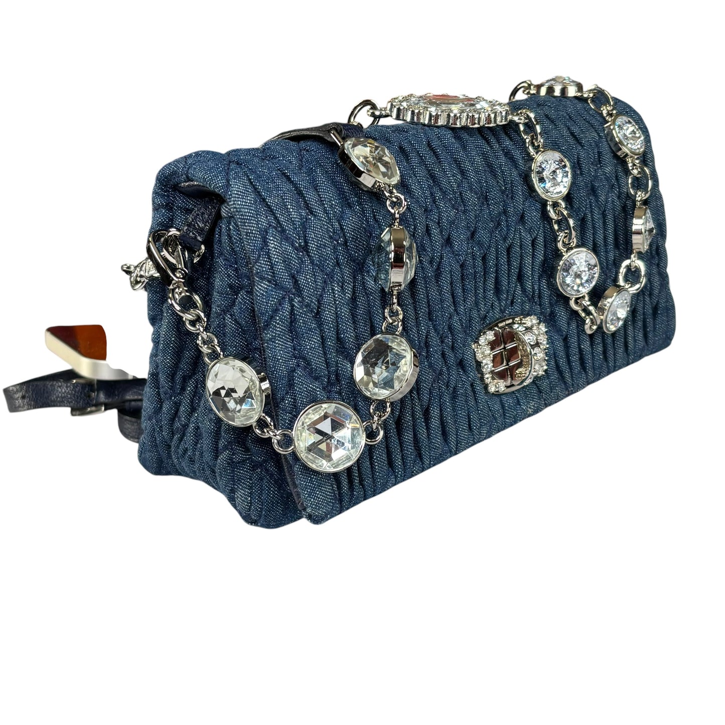 Miu Miu Crystal SHW Encrusted Denim 2-Way Crossbody Flap Turn-Lock Purse