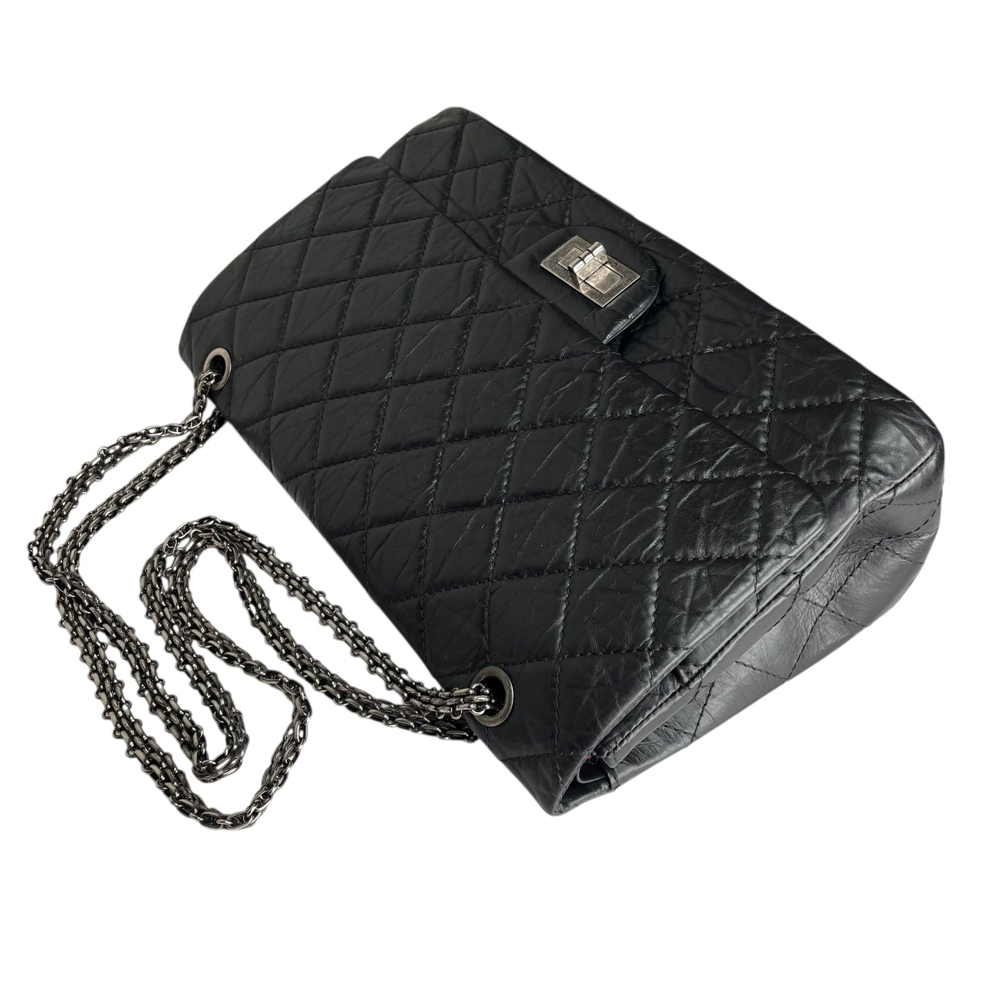 Chanel CC 255 Re-Issue Large Black Aged Calf Gunmetal Hardware Double Flap Purse