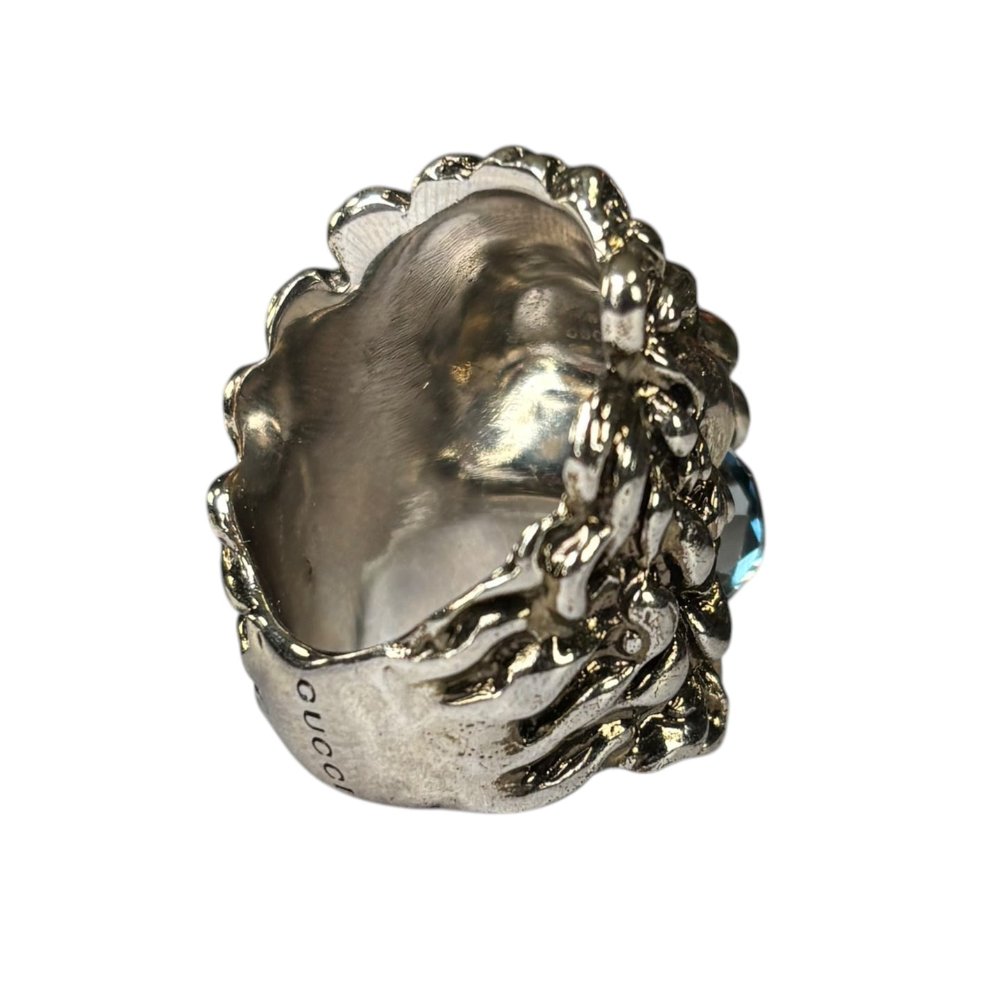 Gucci Lion Head Blue Crystal Silver Tone Pinky Ring Sz 5.5