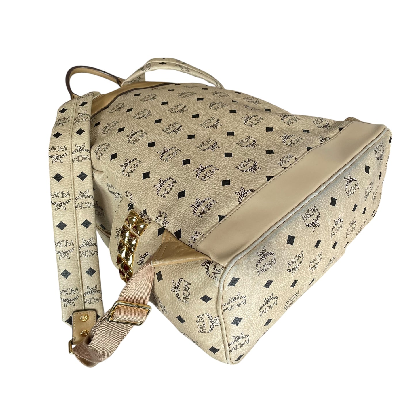 MCM Viestos GHW Studded Creme Pebbled Canvas 15" Laptop Bag Backpack