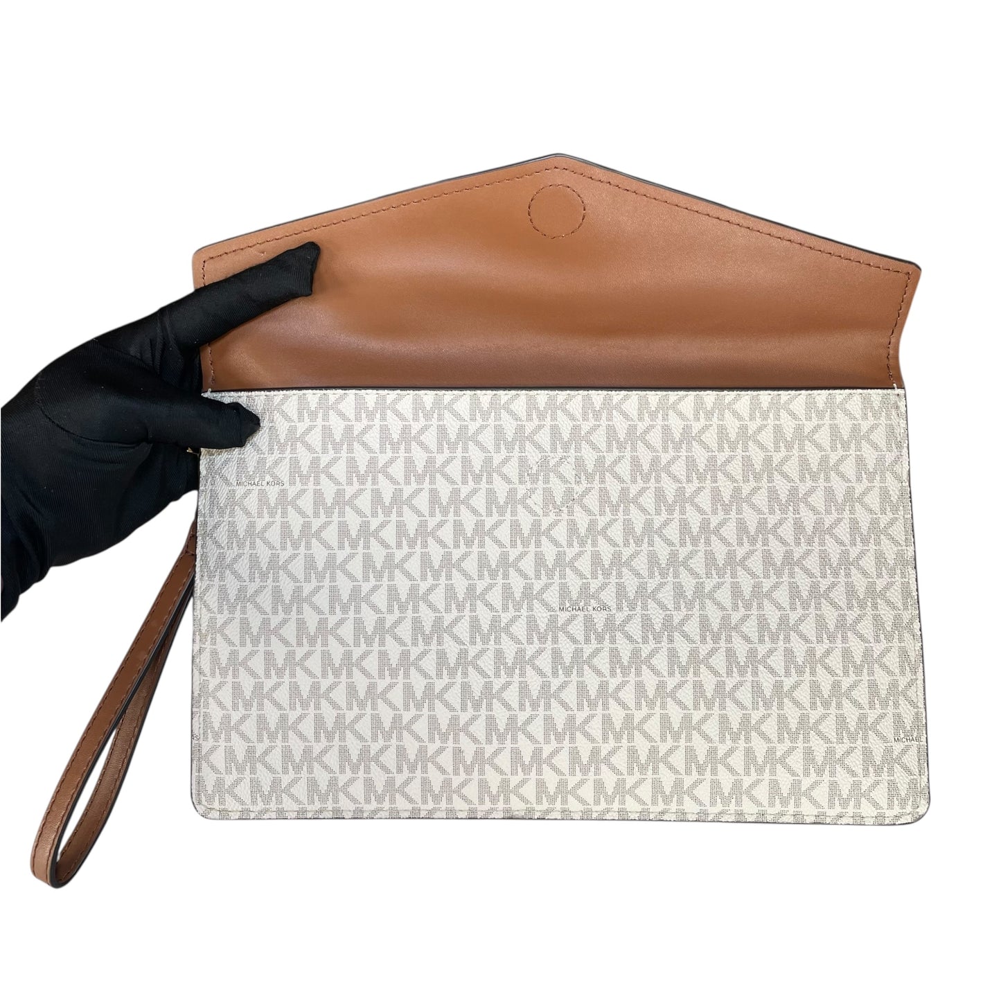 Michael Kors Maisie Leather Brown White Canvas GHW XL Envelope Clutch Wristlet