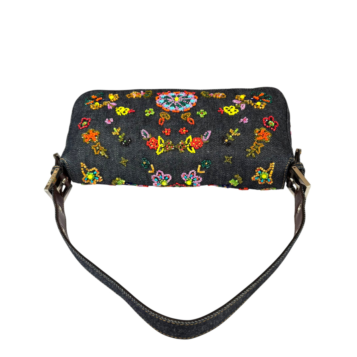 Fendi Y2K Denim Classic Floral Beaded Baguette Shoulder Purse