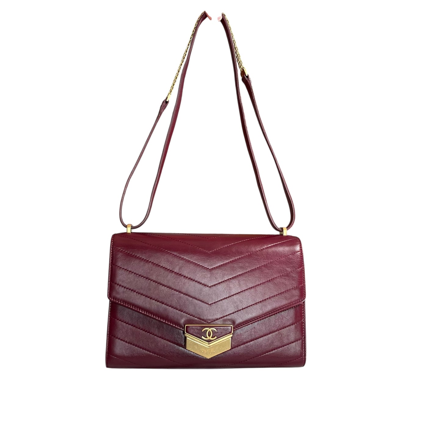 Chanel CC Medal Bucket Envelop Merlot Zip Brushed GHW Burgundy 2Way CrossbodyPurse