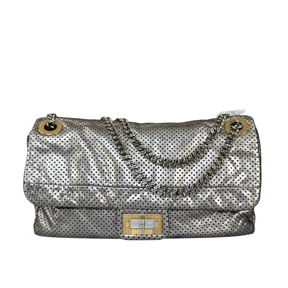 Chanel 2.55 Drill Flap Pewter Metallic Lambskin Leather GHW Med Shoulder Purse