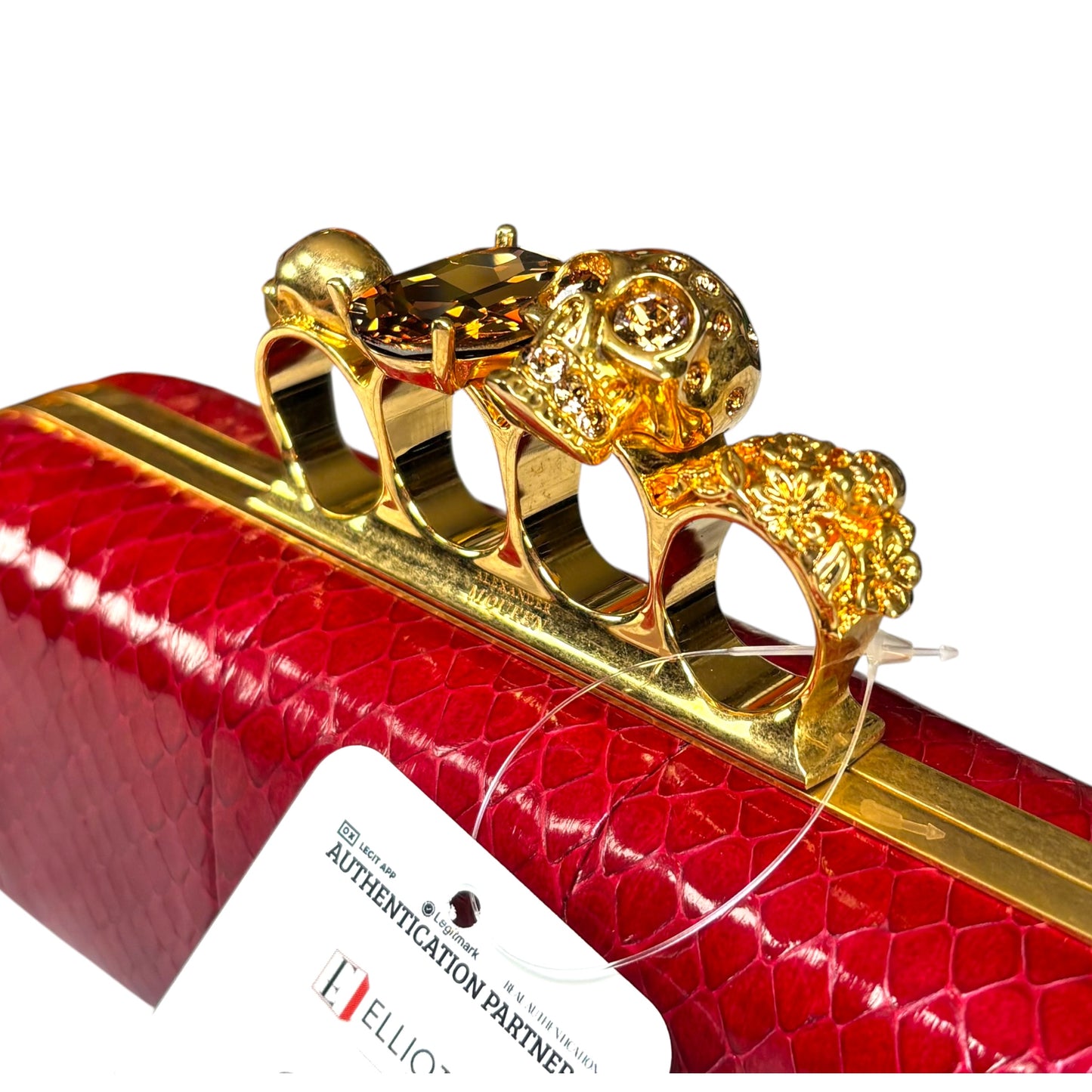 Alexander McQueen Ruby Red Embossed Leather Knuckle Clutch – Gold Rhinestone Skull Hardware