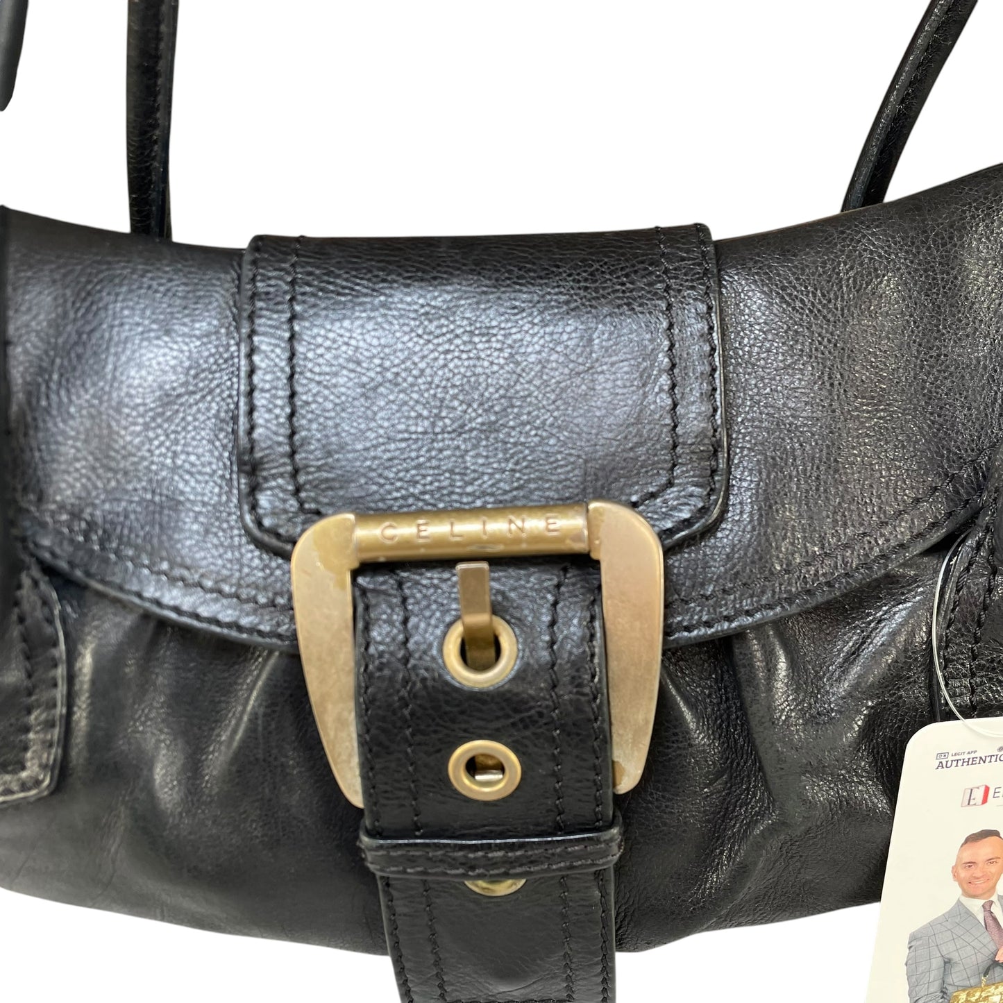 Celine Buckle Front Shoulder Black Leather Brushed Brass