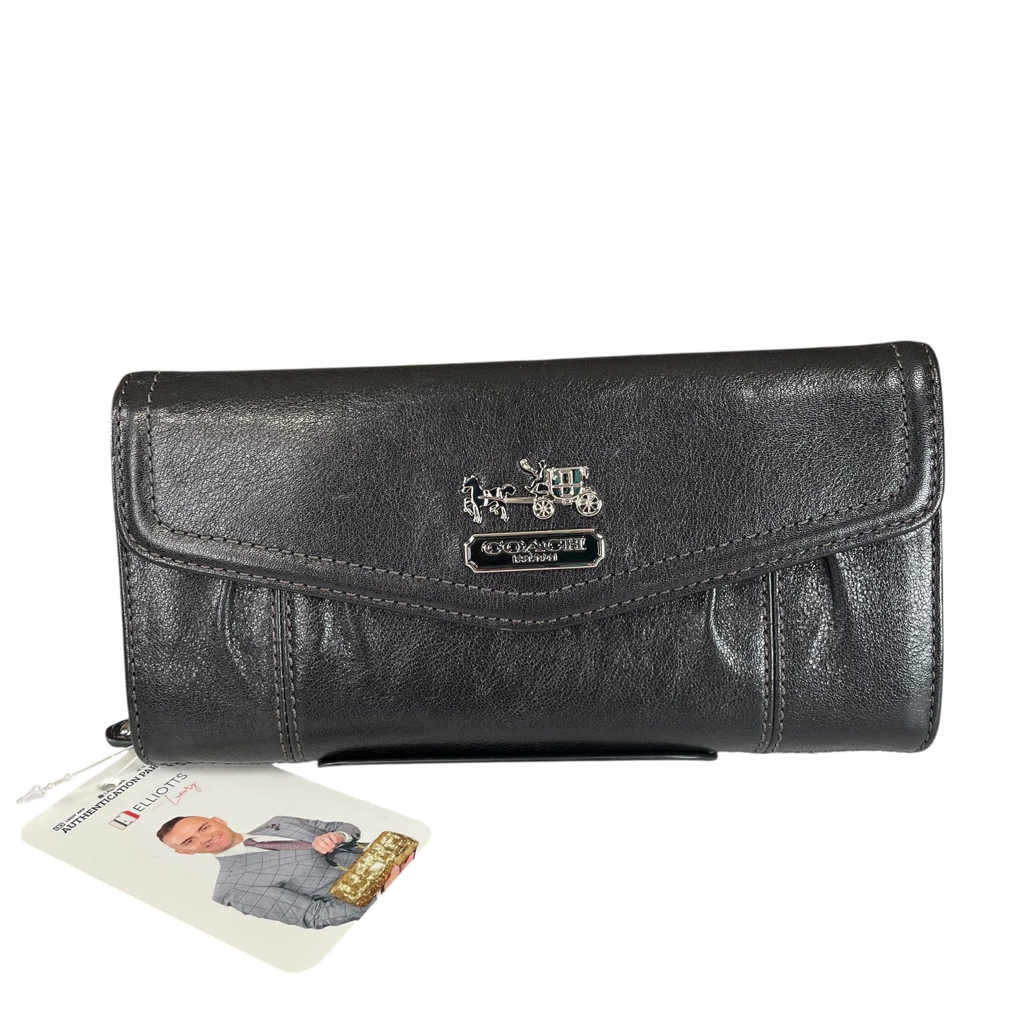 Coach Madison Carriage Logo Black Leather Trifold Long Wallet Lilac Interior SHW