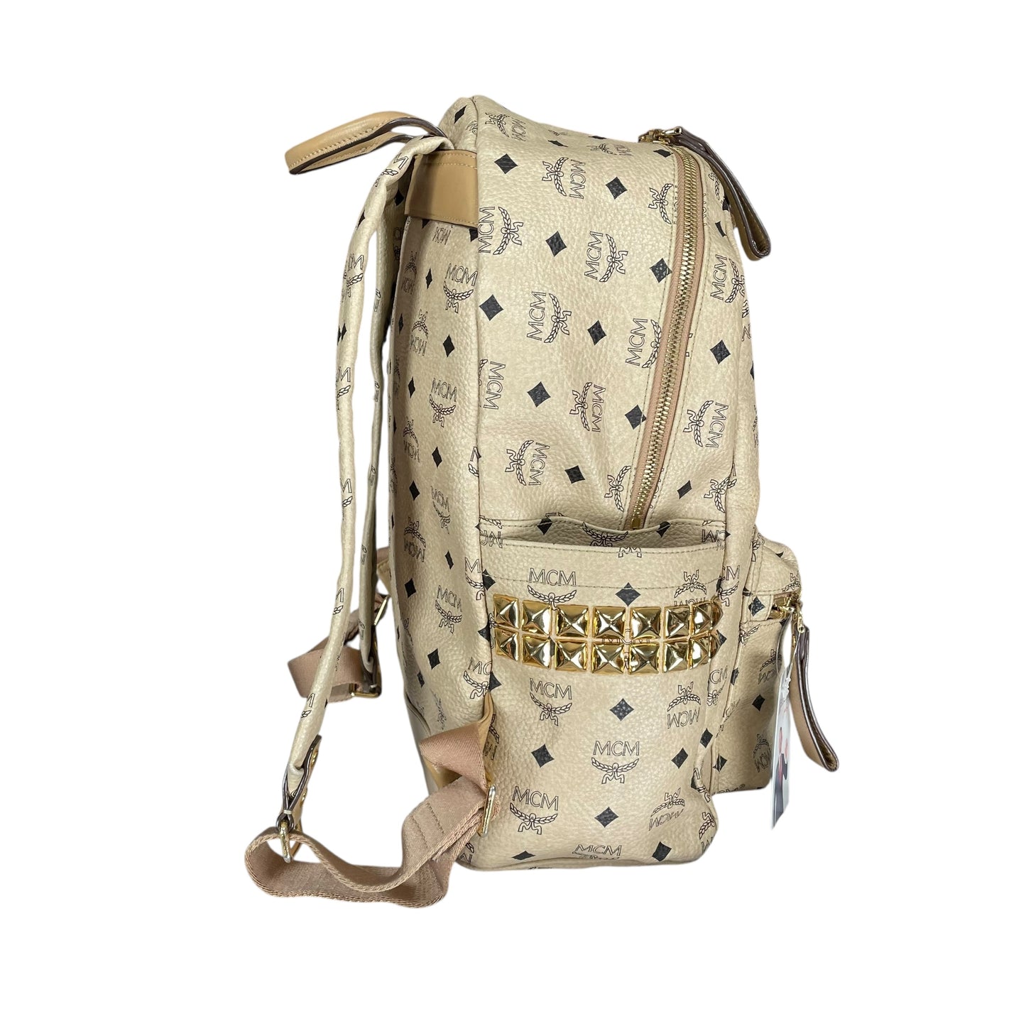 MCM Viestos GHW Studded Creme Pebbled Canvas 15" Laptop Bag Backpack