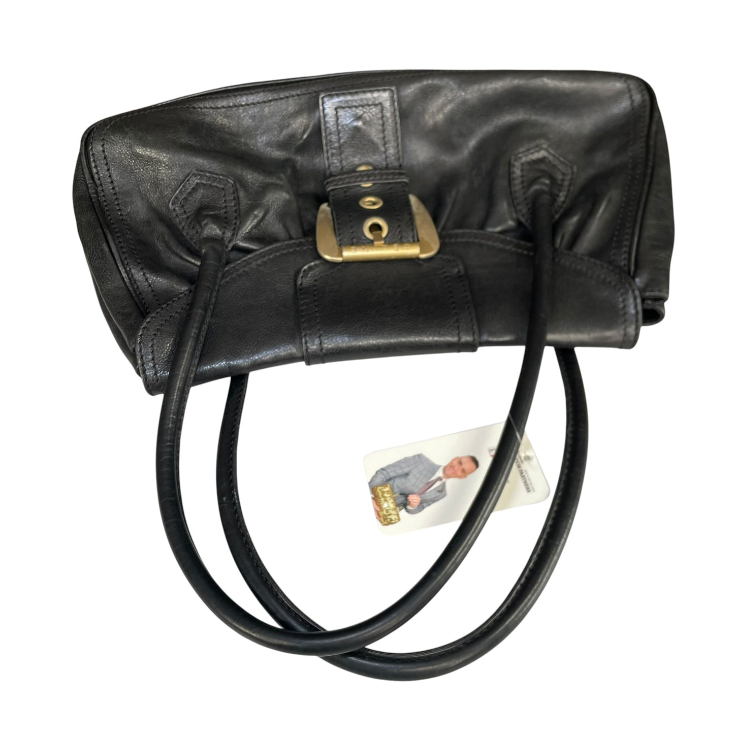 Celine Buckle Front Shoulder Black Leather Brushed Brass