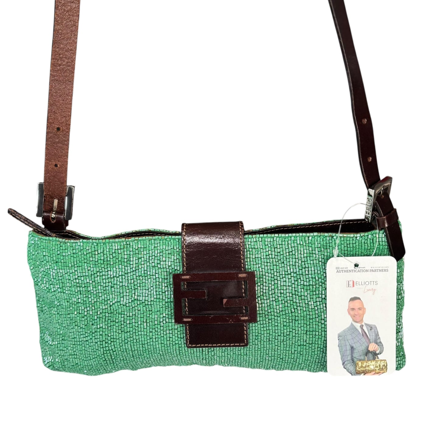 Fendi Y2K Slim Baguette Green Beaded Shoulder Purse