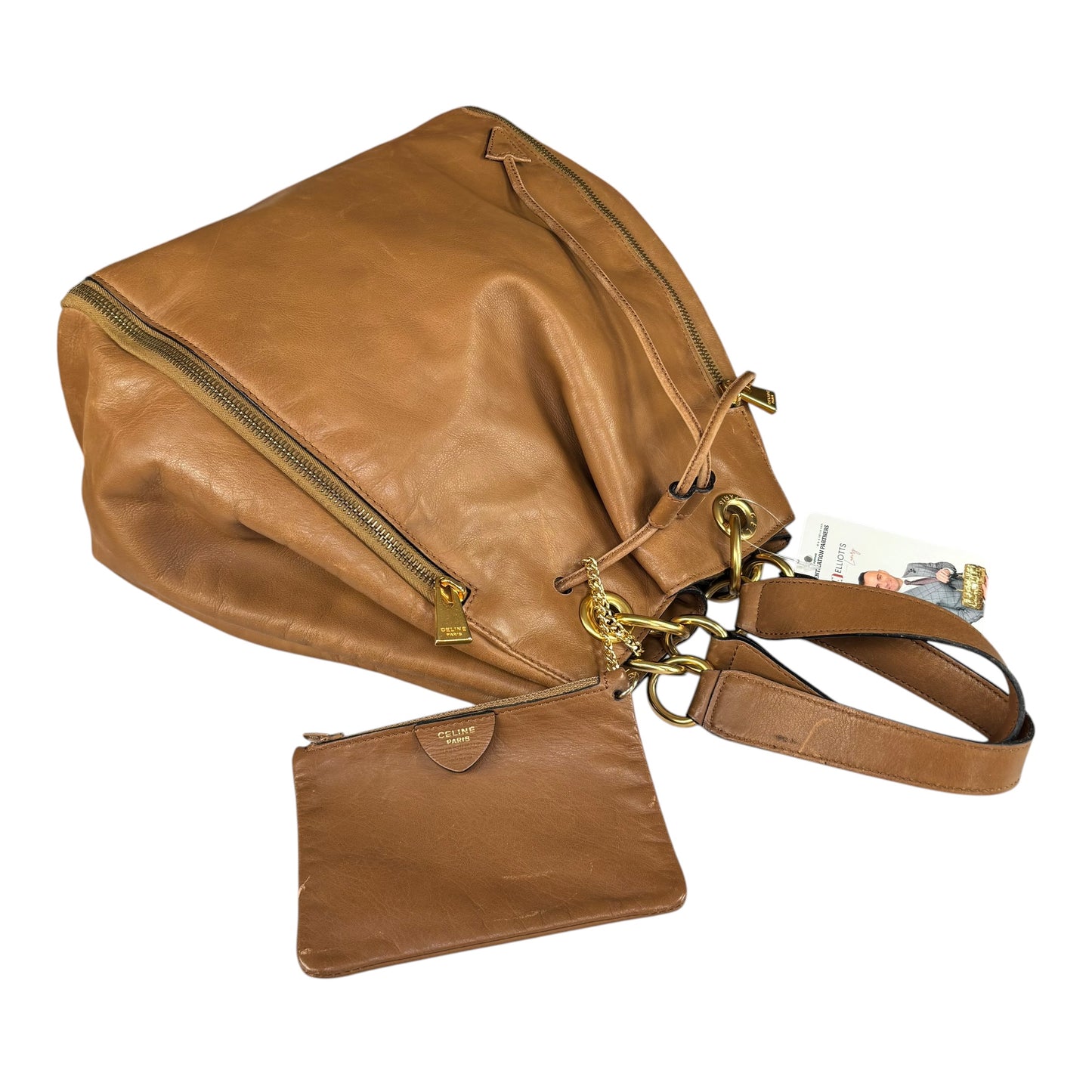 Celine Gold Brown Leather GHW Pouch Drawstring Bucket Hobo Bag