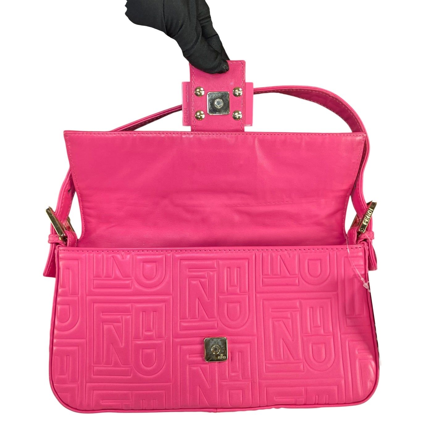 Fendi Baguette Re-Issue Embossed GHW Fusia Pink Leather Shoulder Purse