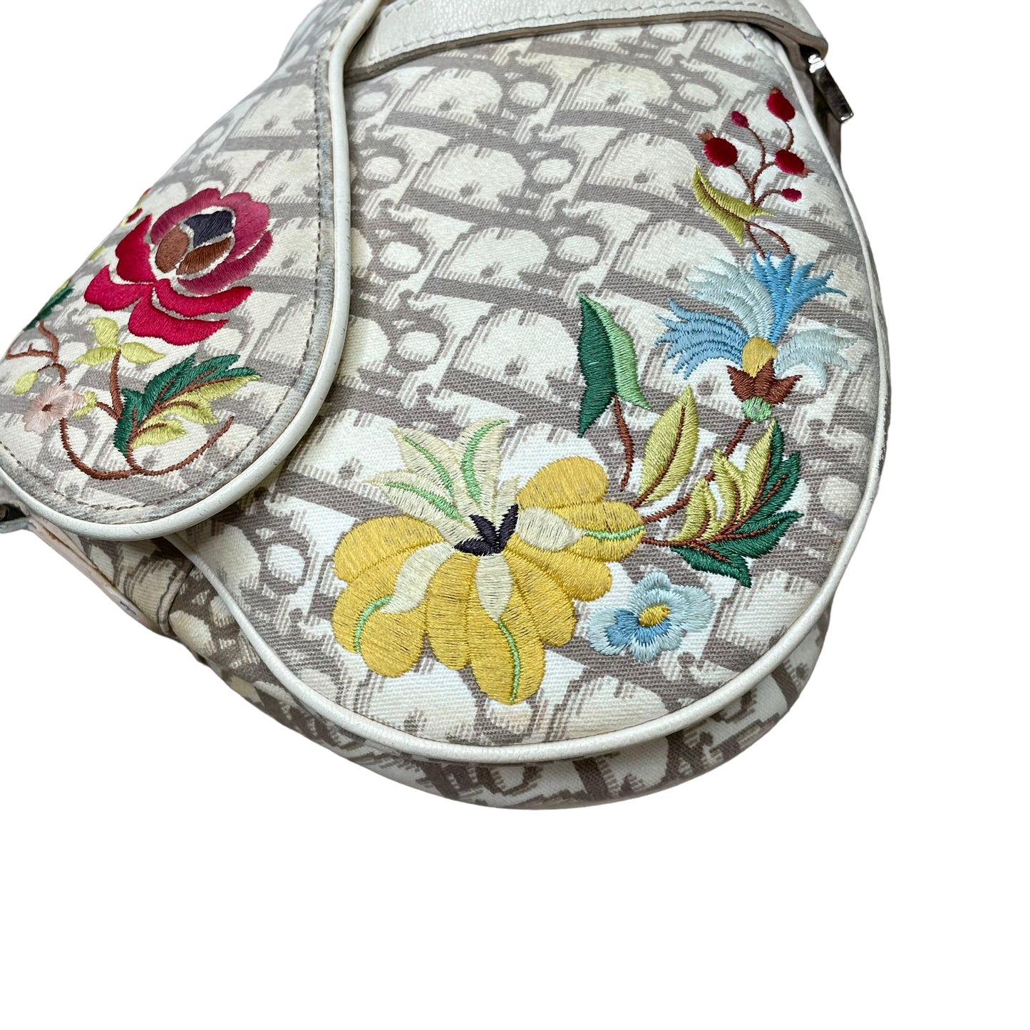 Christian Dior Saddle Oblique Bag Floral Embroidered Ivory Canvas Silver Hardware Purse