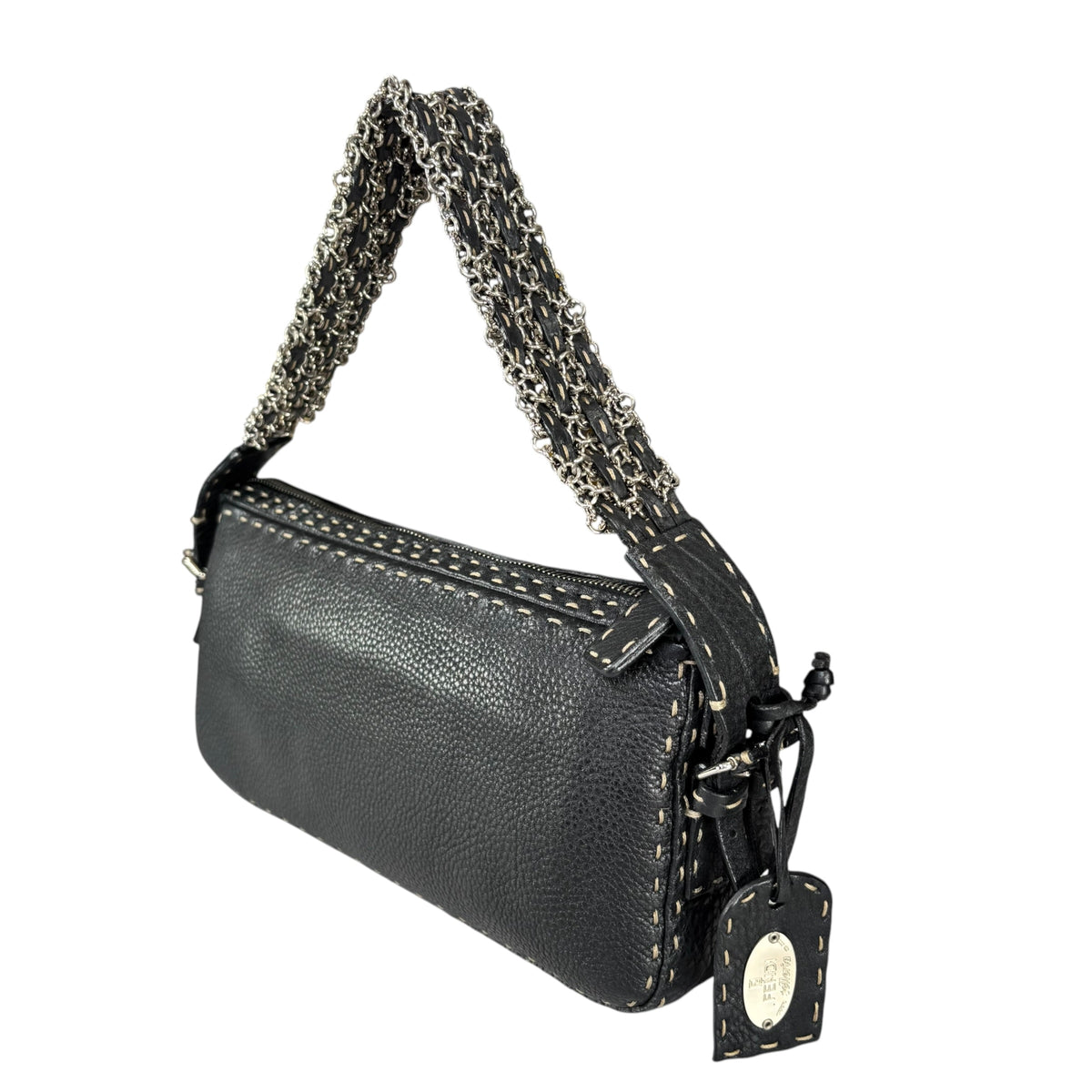 Fendi Selleria Baguette Black Leather Sterling Mesh Chain Purse