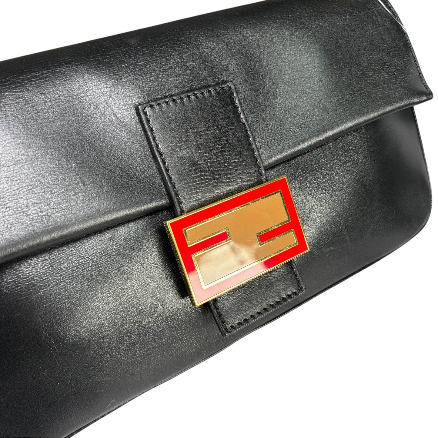 Fendi Baguette Re-Issue Black Leather GHW Red/ Tan Shoulder Purse