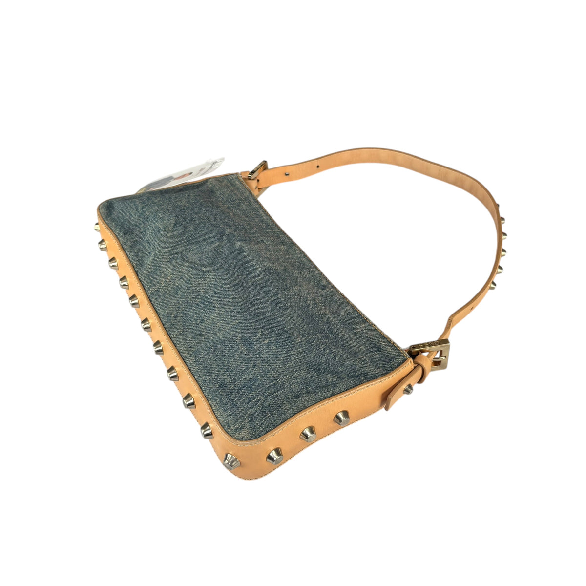 Fendi Y2K Baguette GHW Denim Studded Tan Leather Shoulder Purse