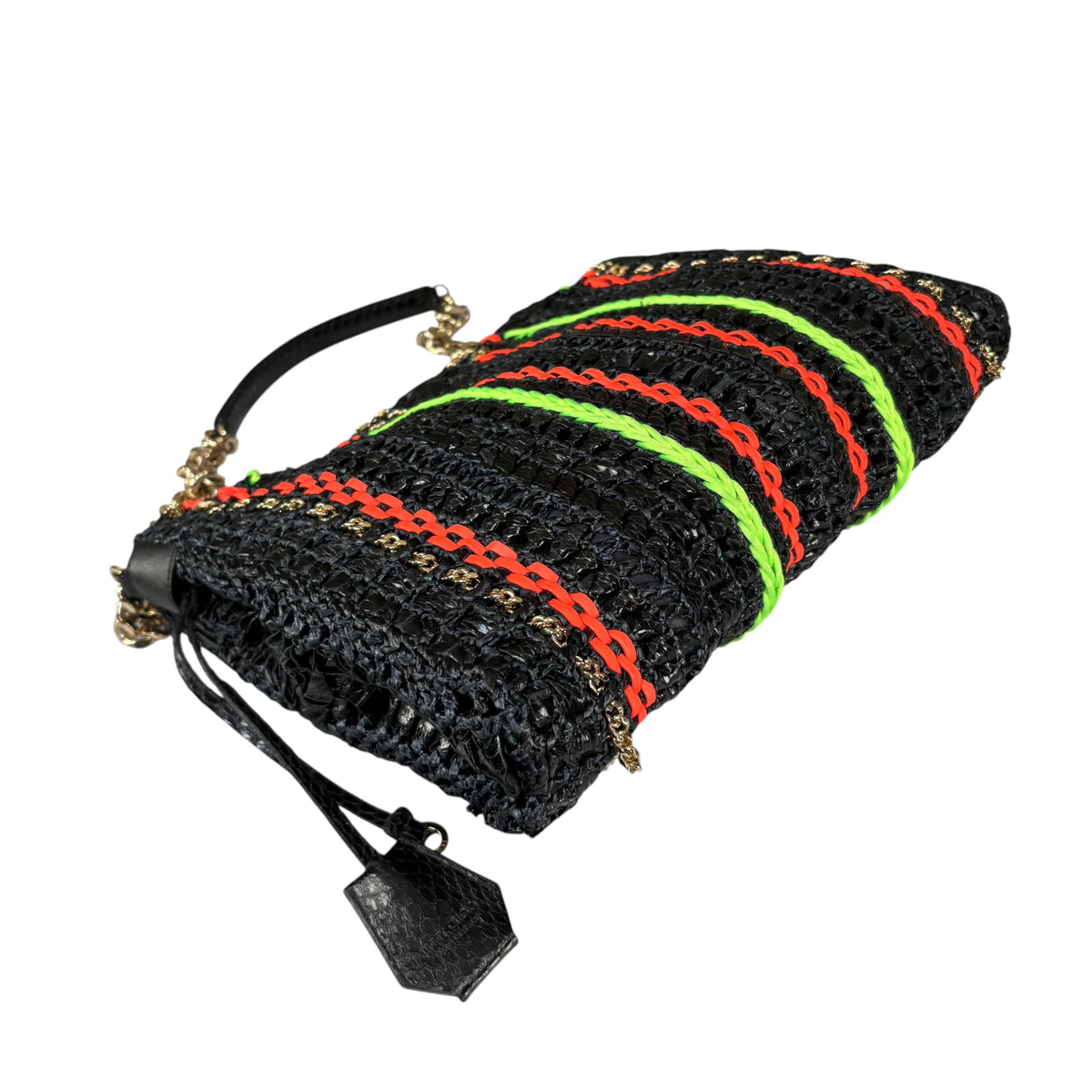 Jimmy Choo GHW Leather Rafia Neon Black Snake Chain Flap