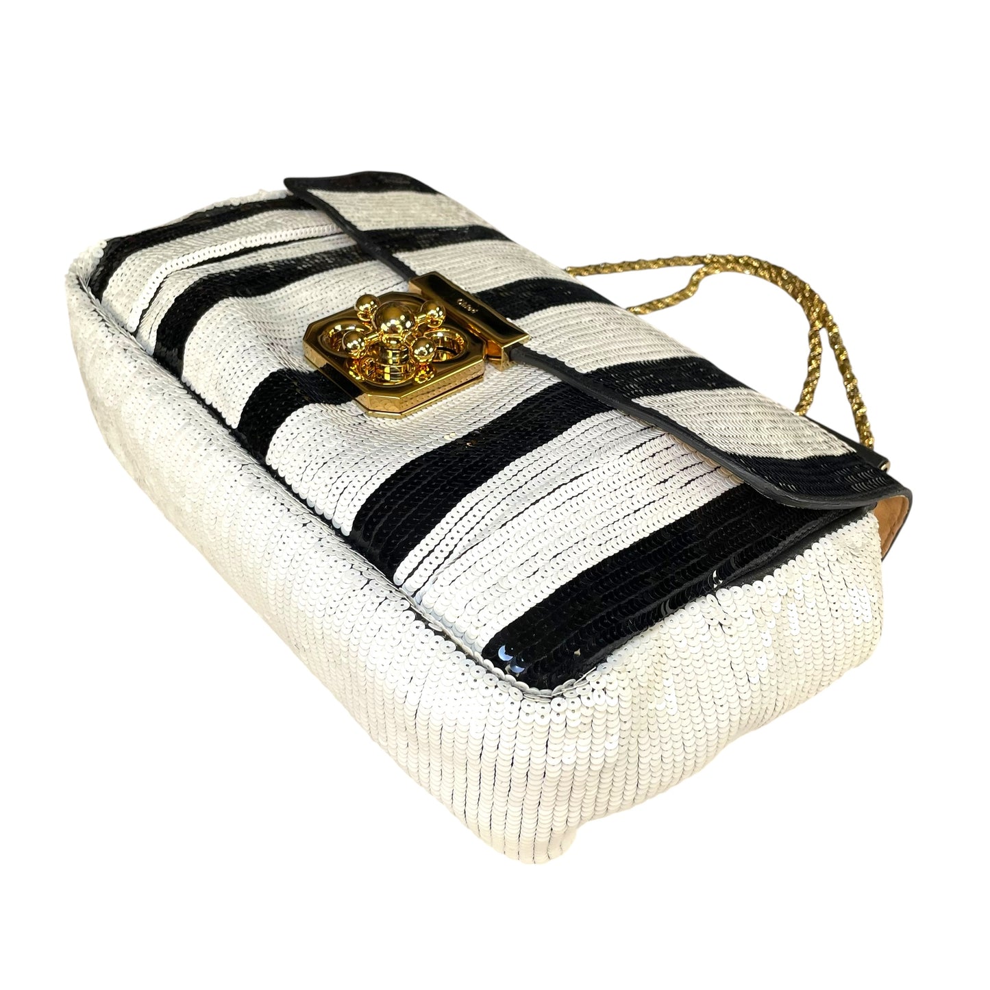 Chloe Elsie Medium Sequin Leather Stripe Black White GHW Rope Strap Shoulder Bag