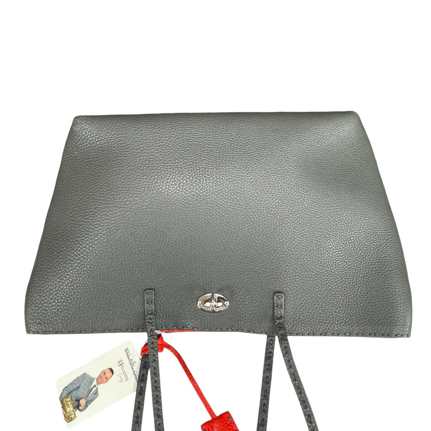 Fendi Selleria Grey / Red Sterling Silver  Pebbled Leather Lock Medium Tote