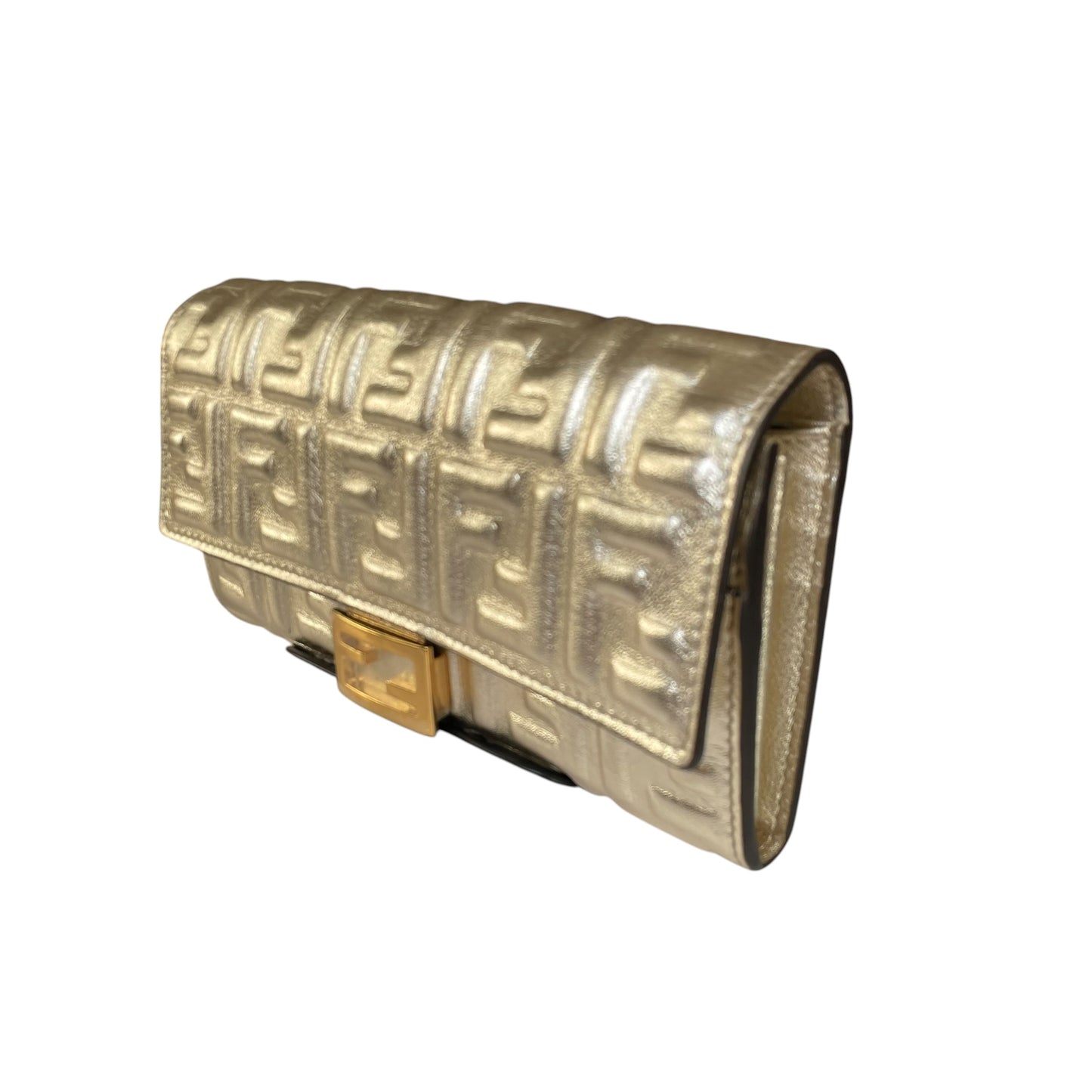 Fendi Zucca Baguette Leather Metallic Gold Silver Continental Long Wallet