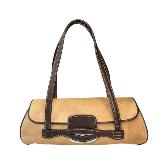 Tod’s Fawn Hair Calf Pony Brown Leather Baguette Shoulder Purse