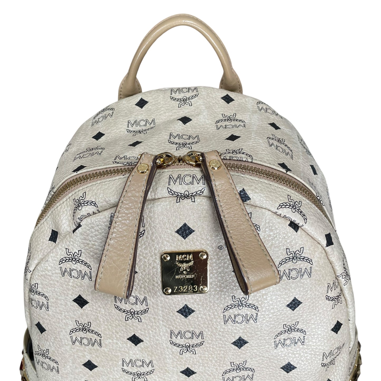 MCM Viestos GHW Studded Creme Pebbled Canvas 15" Laptop Bag Backpack