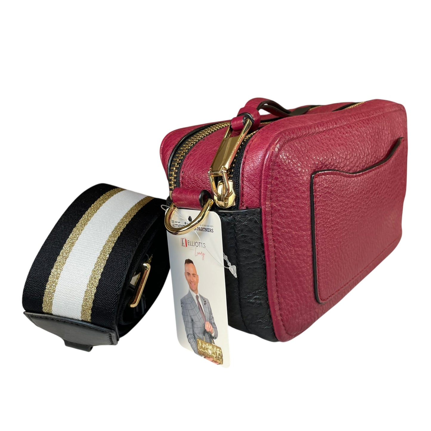 Marc Jacobs Soft Snapshot 21 Burgundy Black Leather Crossbody Gold HW Strap