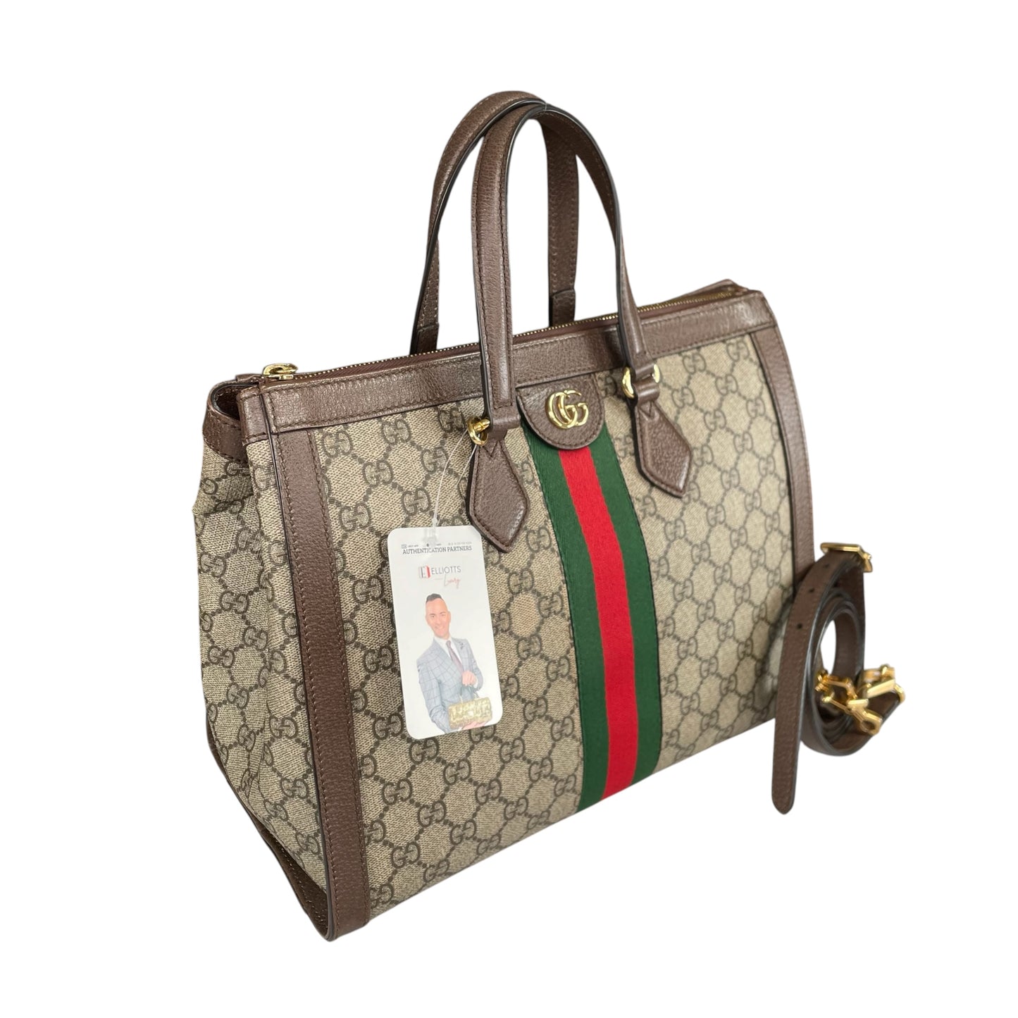 Gucci GG Ophidia GHW Leather Supreme Brown Canvas Crossbody Medium 2-Way Tote