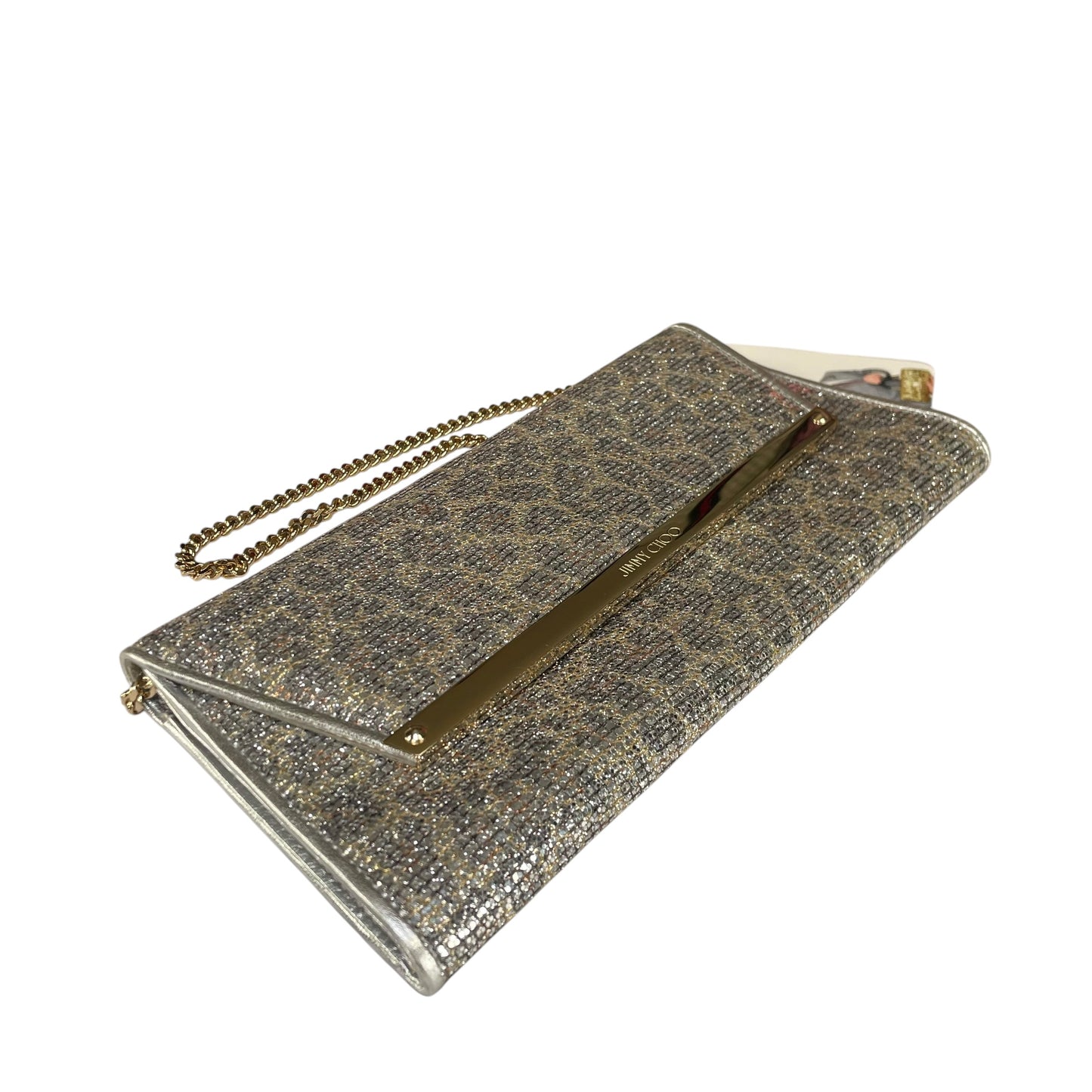 Jimmy Choo Margot Metallic Glitter Silver Leather GHW Chain Clutch