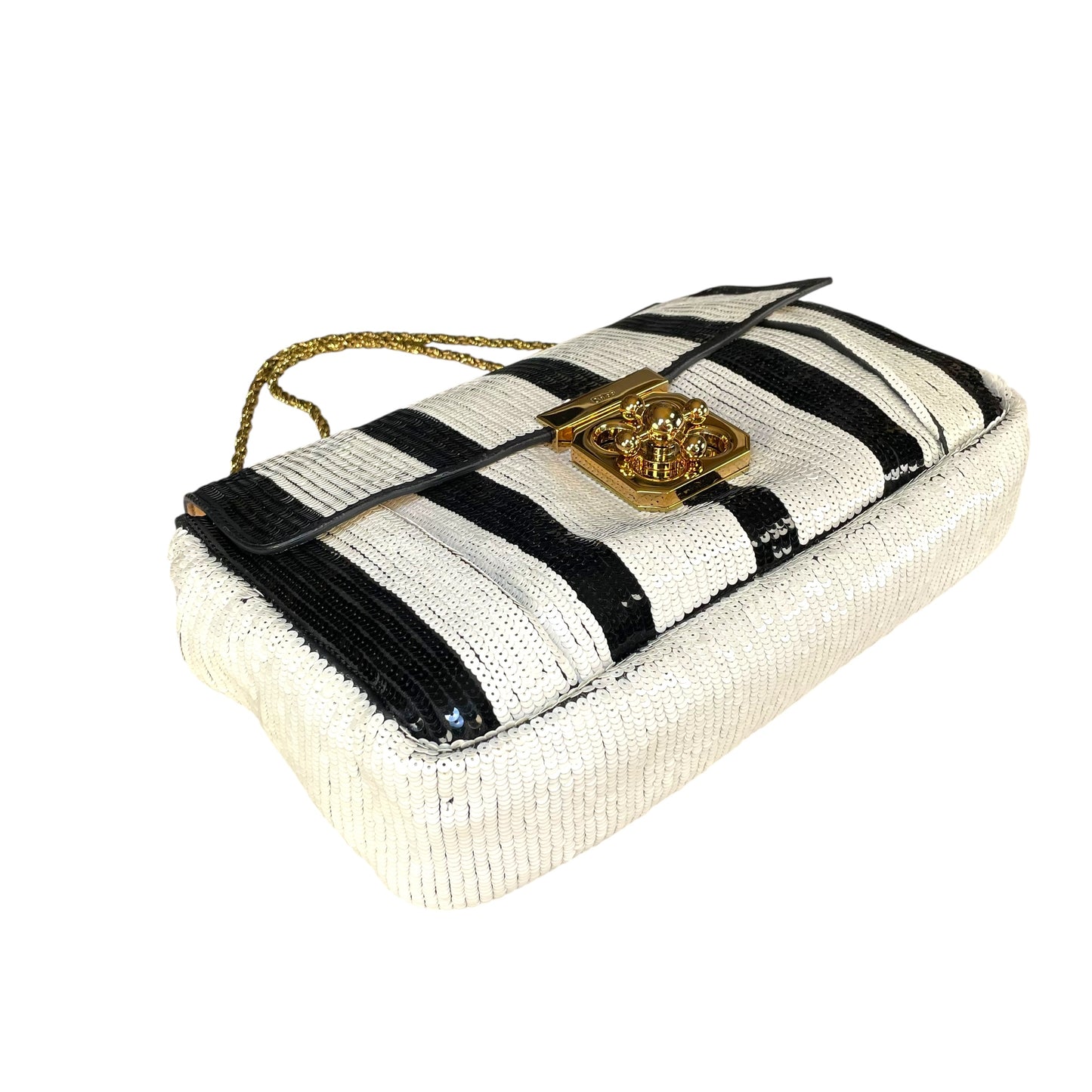Chloe Elsie Medium Sequin Leather Stripe Black White GHW Rope Strap Shoulder Bag