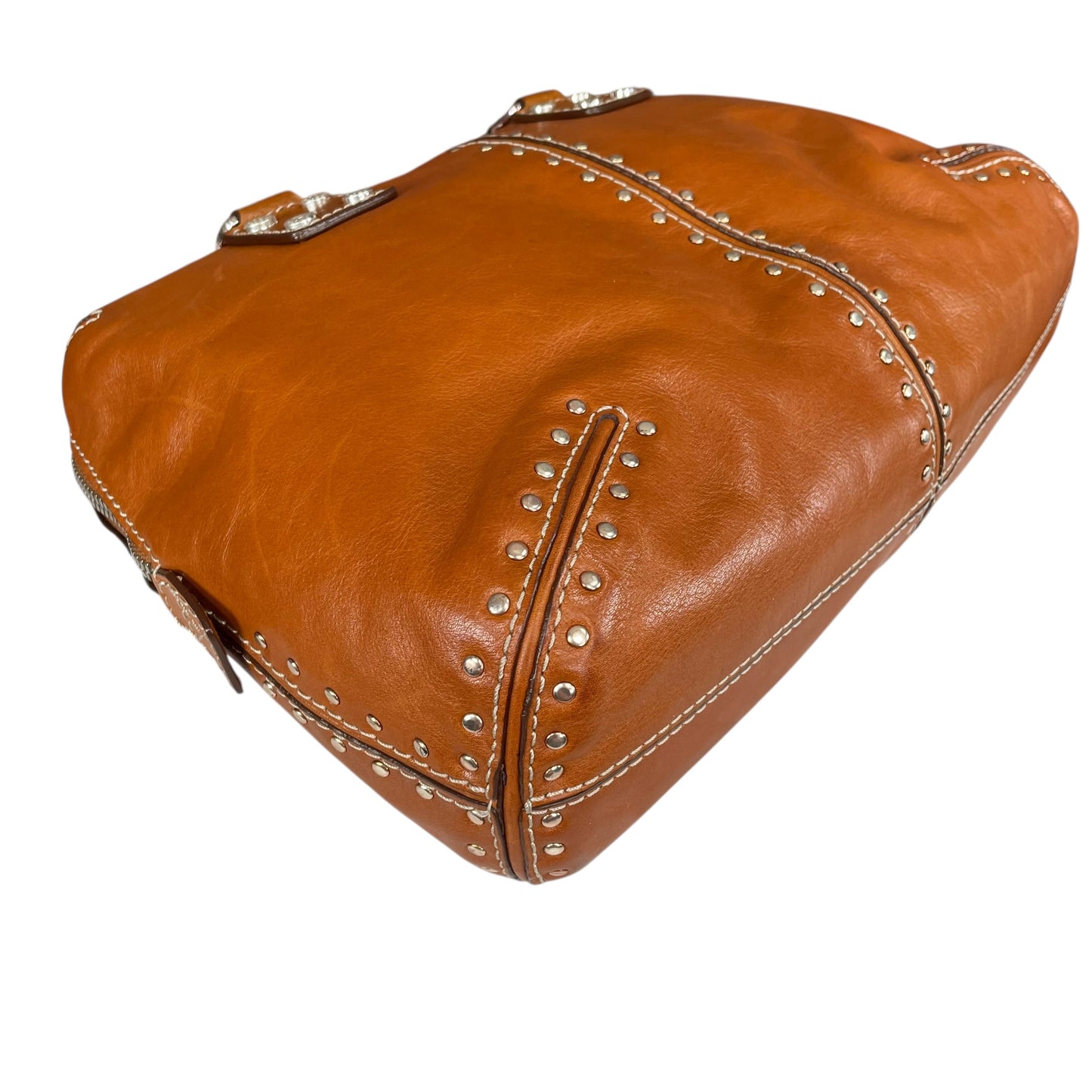 Michael Kors Astor Studded Equestrian SHW Distressed Tan Leather Satchel