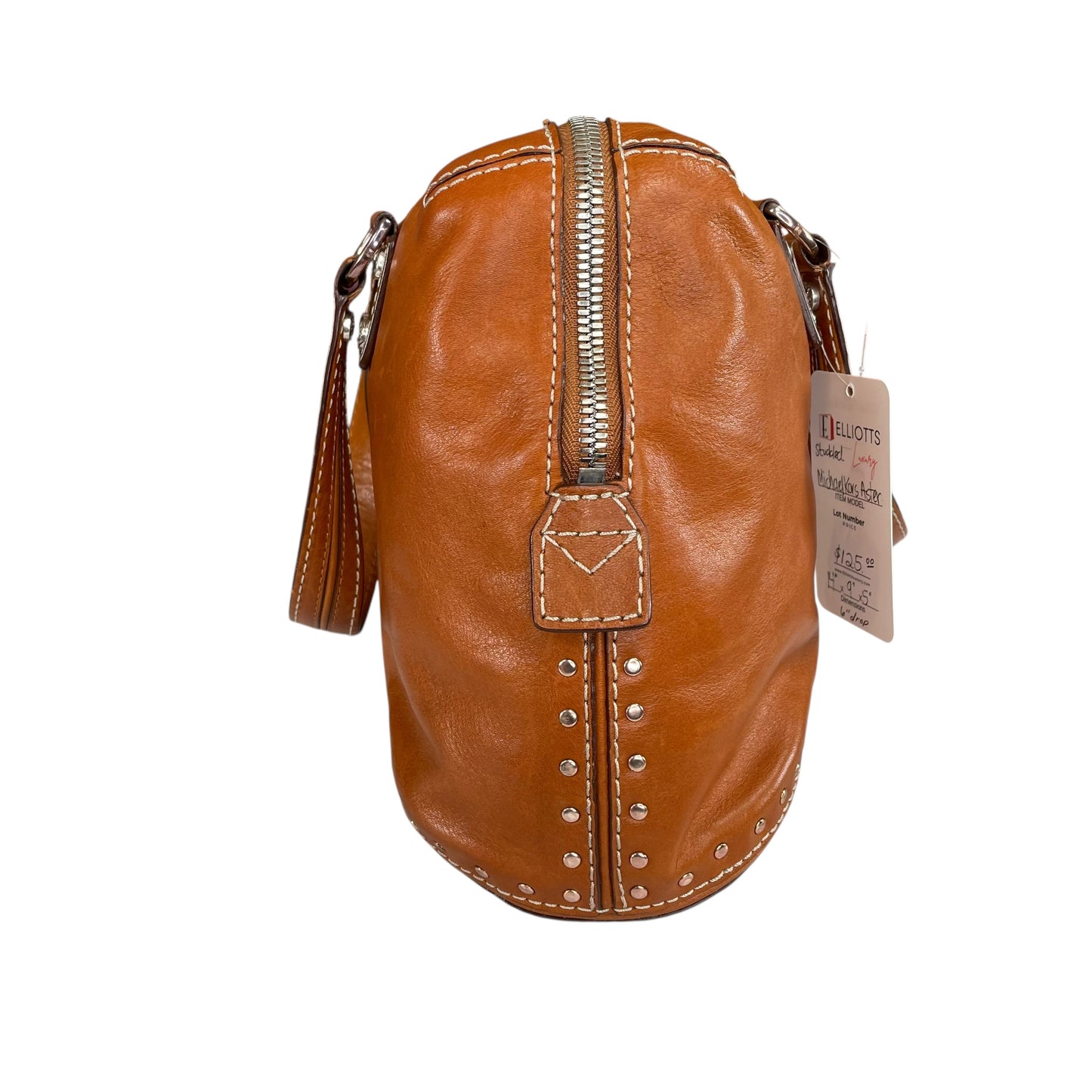 Michael Kors Astor Studded Equestrian SHW Distressed Tan Leather Satchel