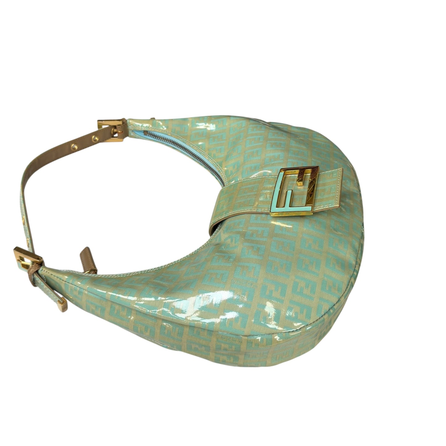 Fendi Y2K Baguette Crescent Mint Green Zucchino Coated Canvas Leather Purse