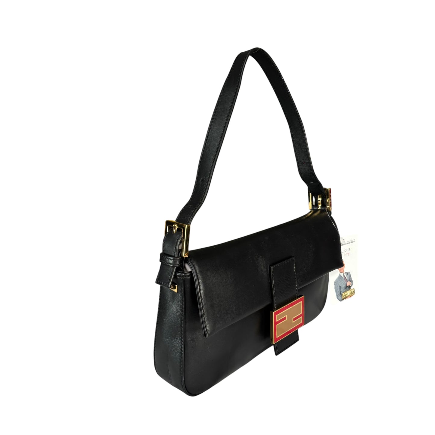Fendi Baguette Re-Issue Black Leather GHW Red/ Tan Shoulder Purse