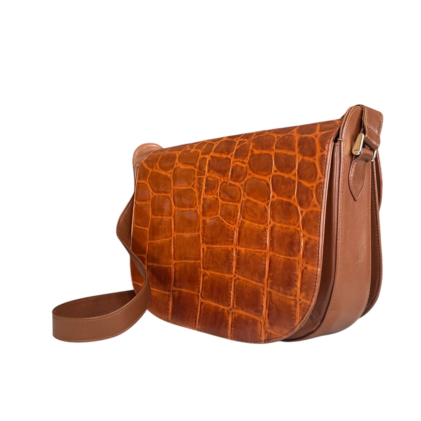 Roberta Di Camerino Croc Embossed Brown Leather GHW Shoulder Flap Purse