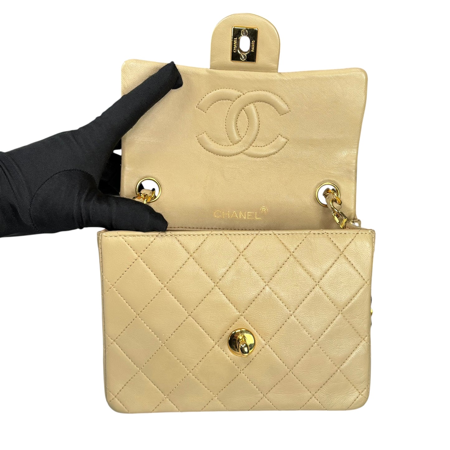 Chanel CC Classic Mini Square Beige Lambskin GHW Shoulder Purse